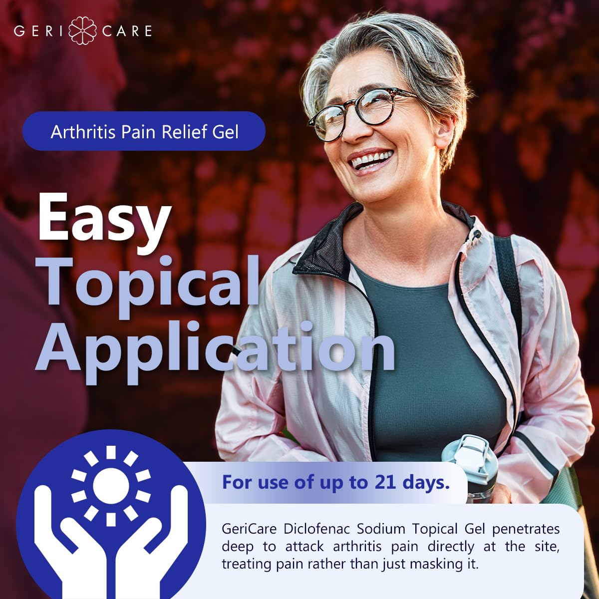 GeriCare gel diclofenaco 1% para rodilla, alivio localizado y flexibilidad.