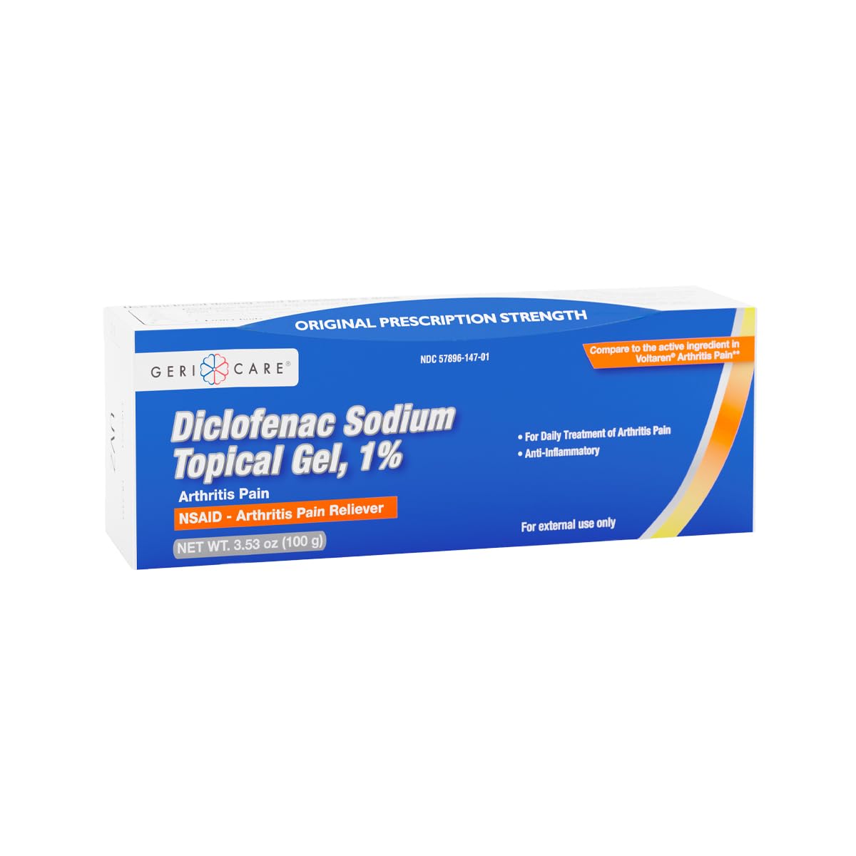 GeriCare gel diclofenaco 1% en tubo para alivio localizado de articulaciones.