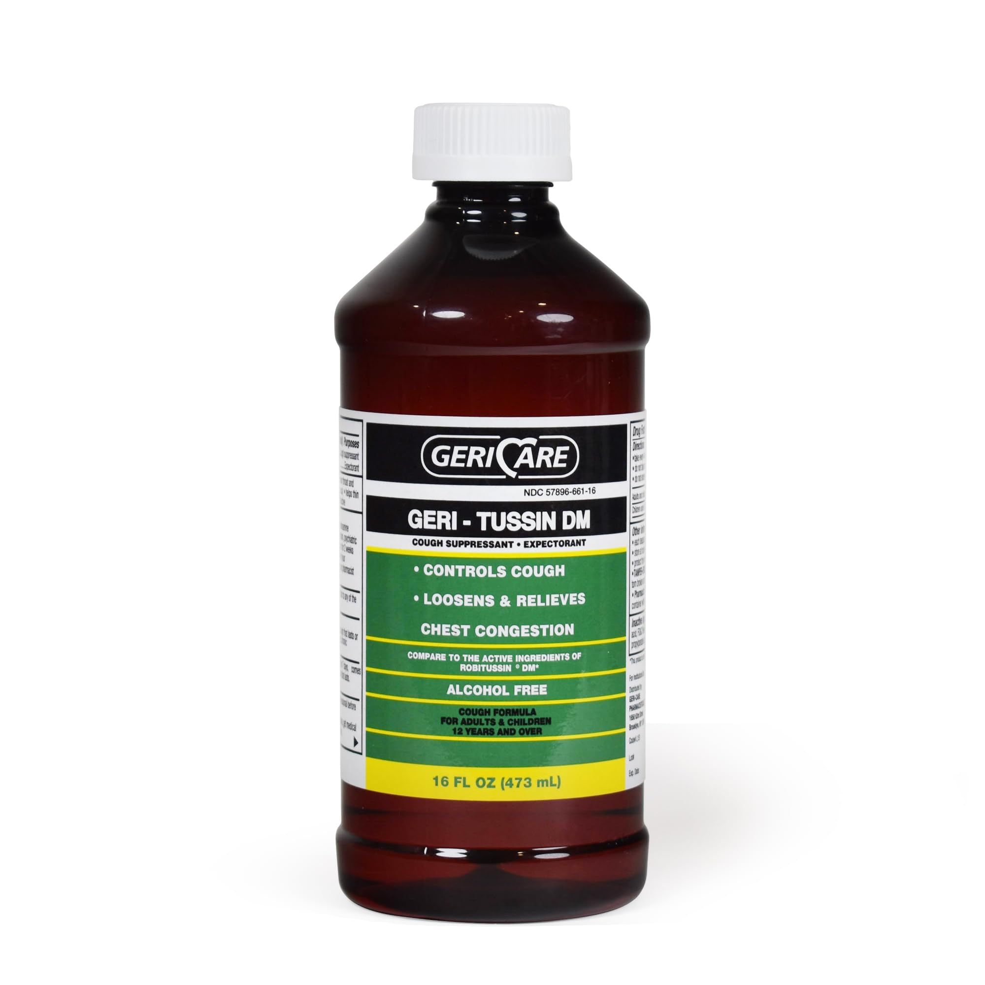 GeriCare Geri-Tussin DM: botella vertido para alivio de la tos y descongestión suave.