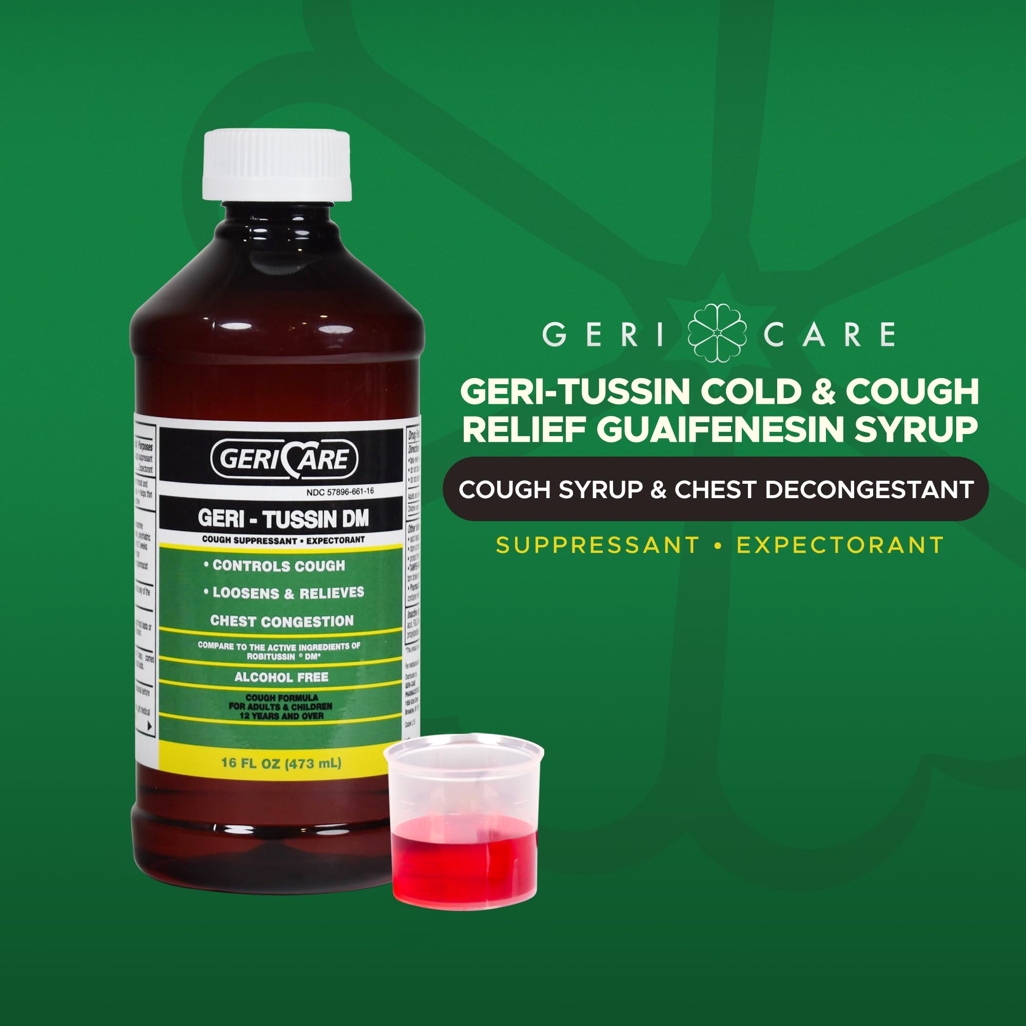 GeriCare Geri-Tussin DM: etiqueta cercana mostrando fórmula de acción dual para tos.