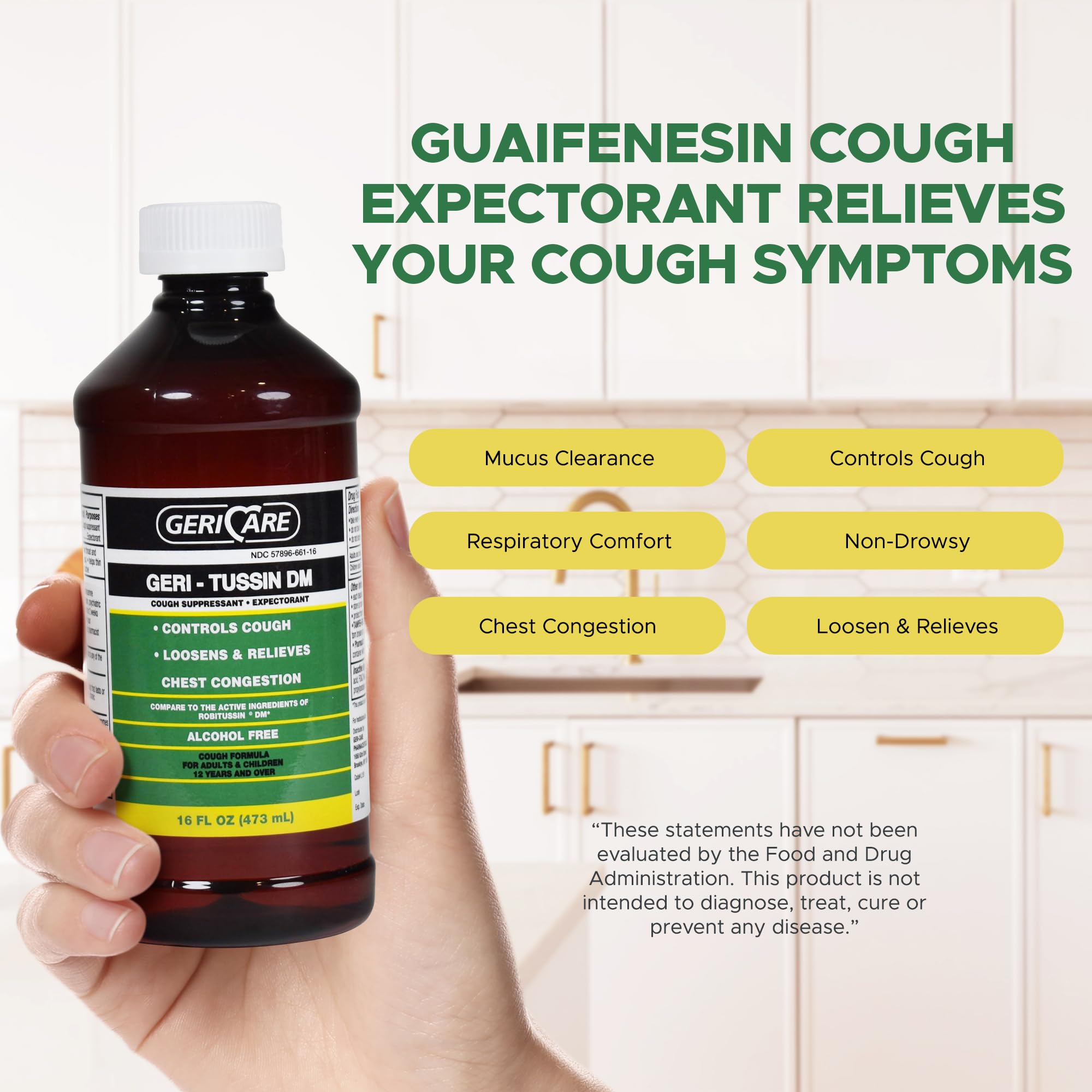 GeriCare Geri-Tussin DM: líquido color cereza para descongestión y expectoración.