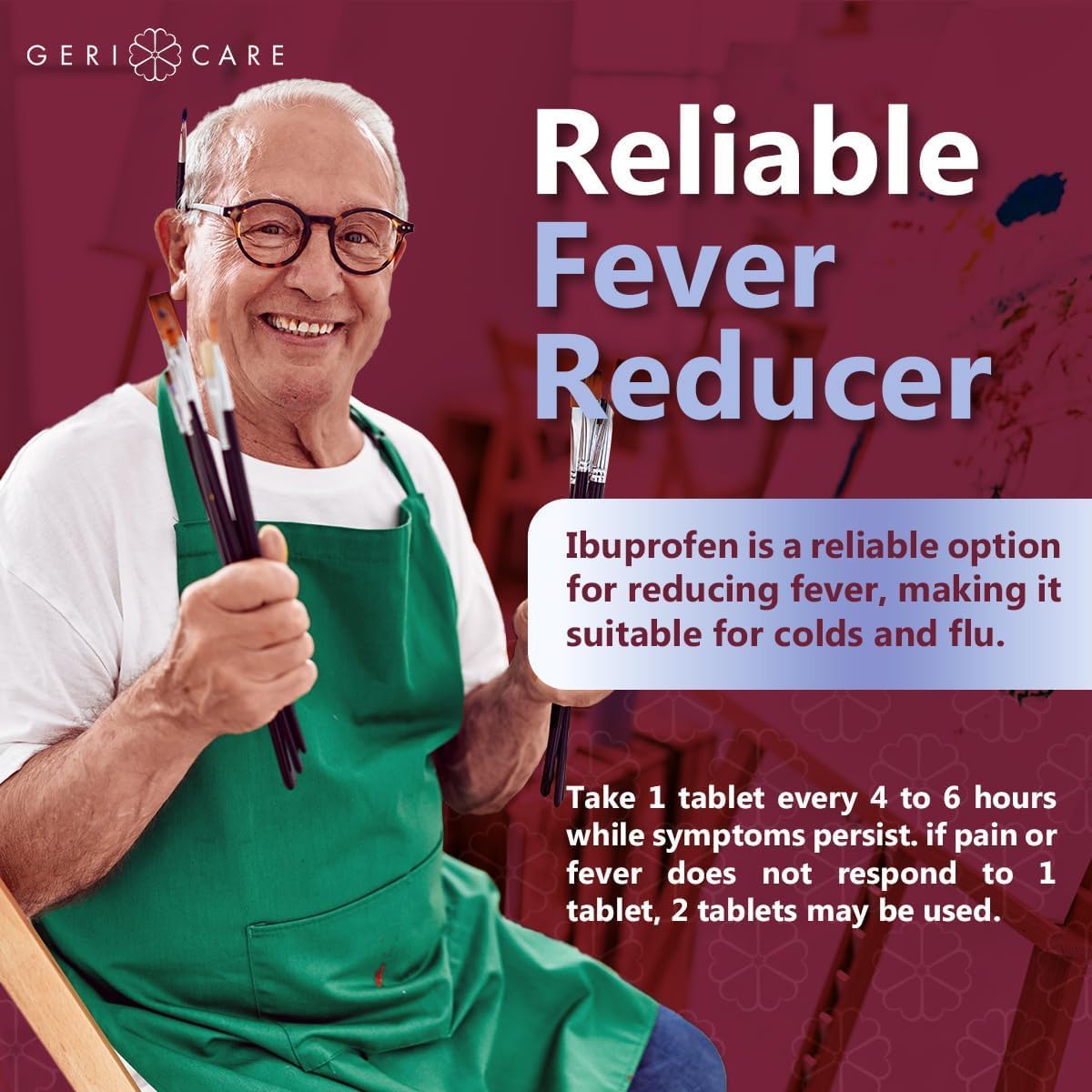 GeriCare Ibuprofeno, alivio del dolor muscular para actividades diarias.