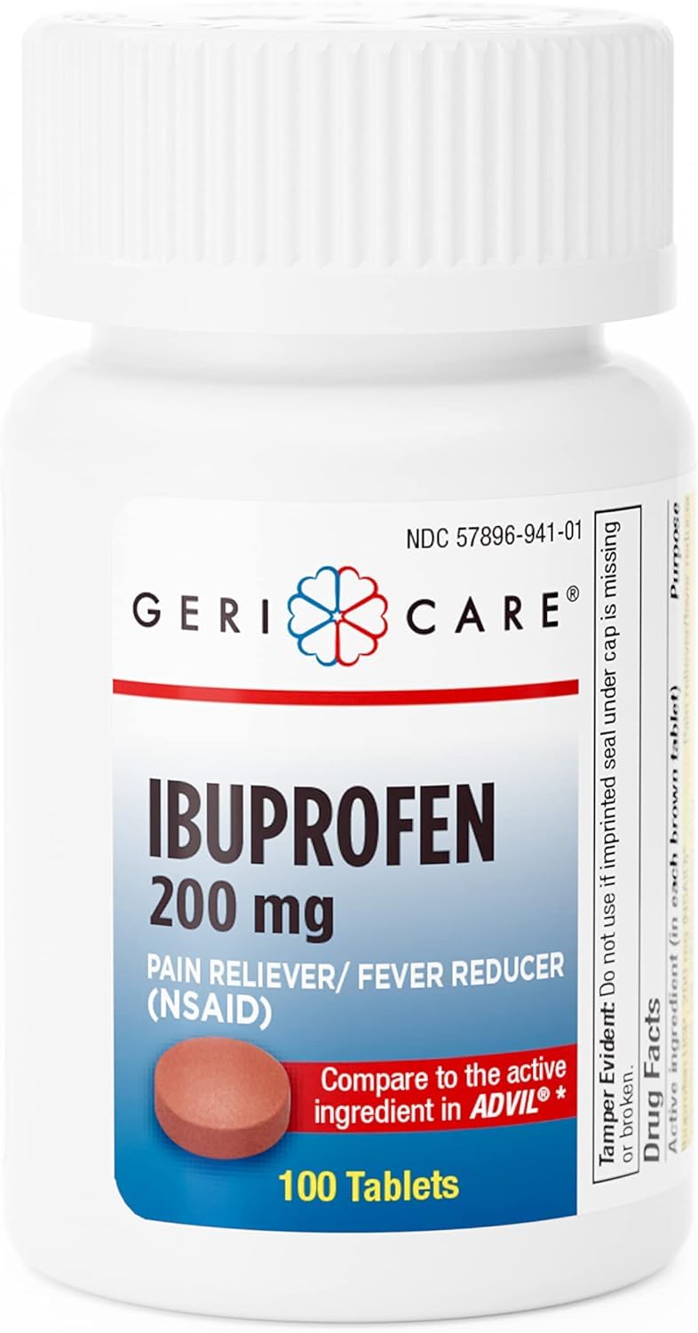 GeriCare Ibuprofeno: envase de tabletas para alivio rápido en casa.