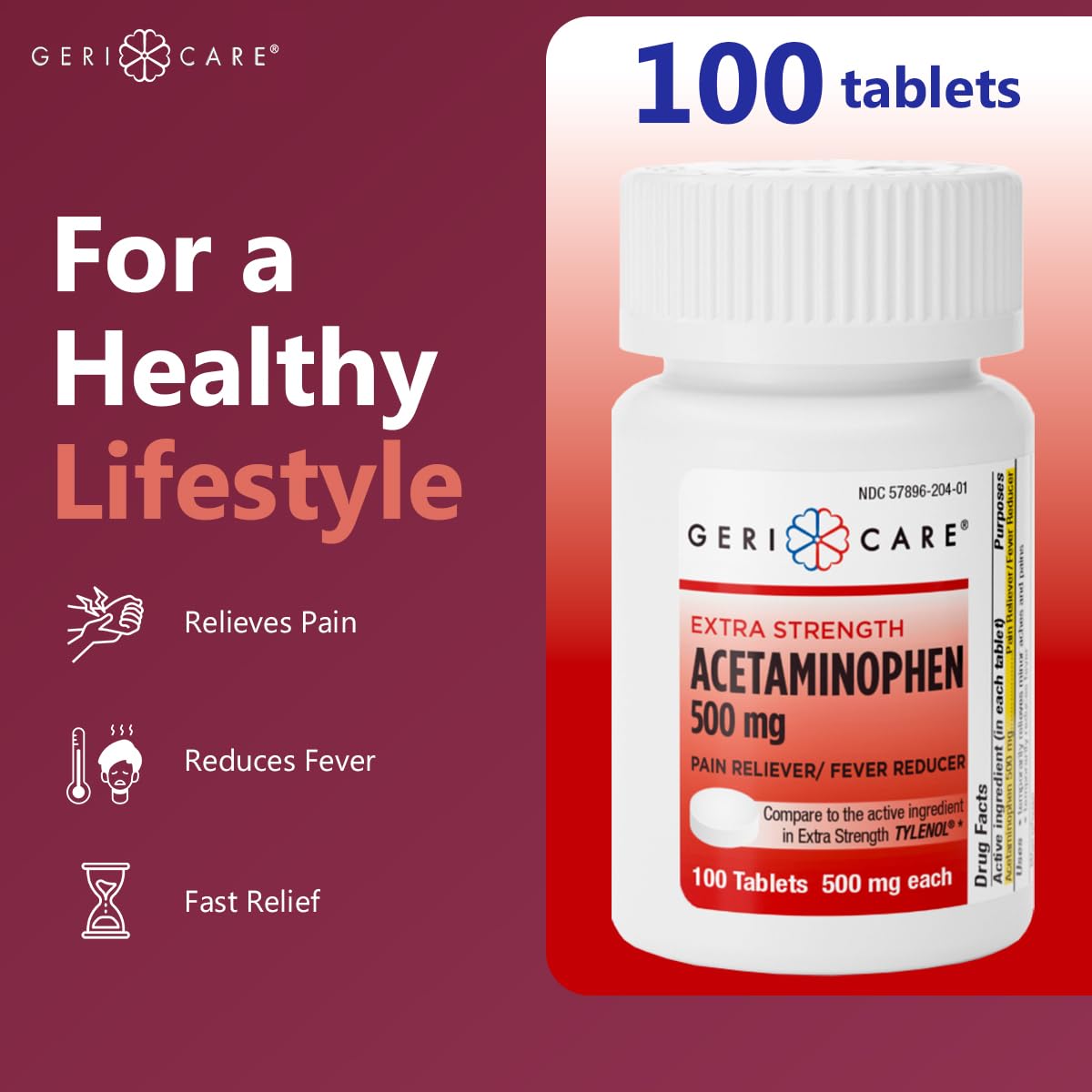 GeriCare paracetamol 500 mg: envase de 100 tabletas para uso cotidiano.
