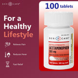 GeriCare paracetamol 500 mg: envase de 100 tabletas para uso cotidiano.