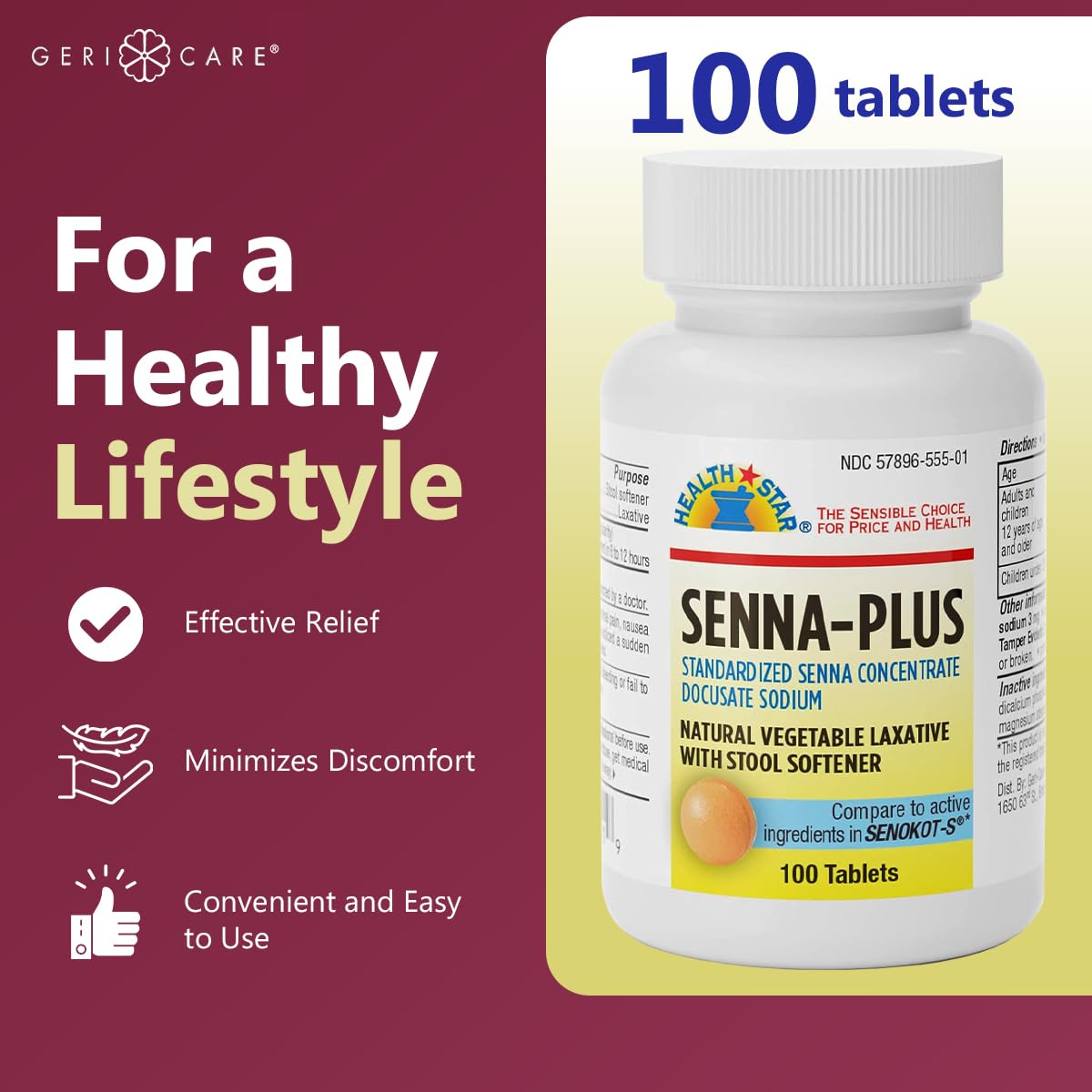 GeriCare Senna Plus envase de tabletas, opción conveniente para uso ocasional.