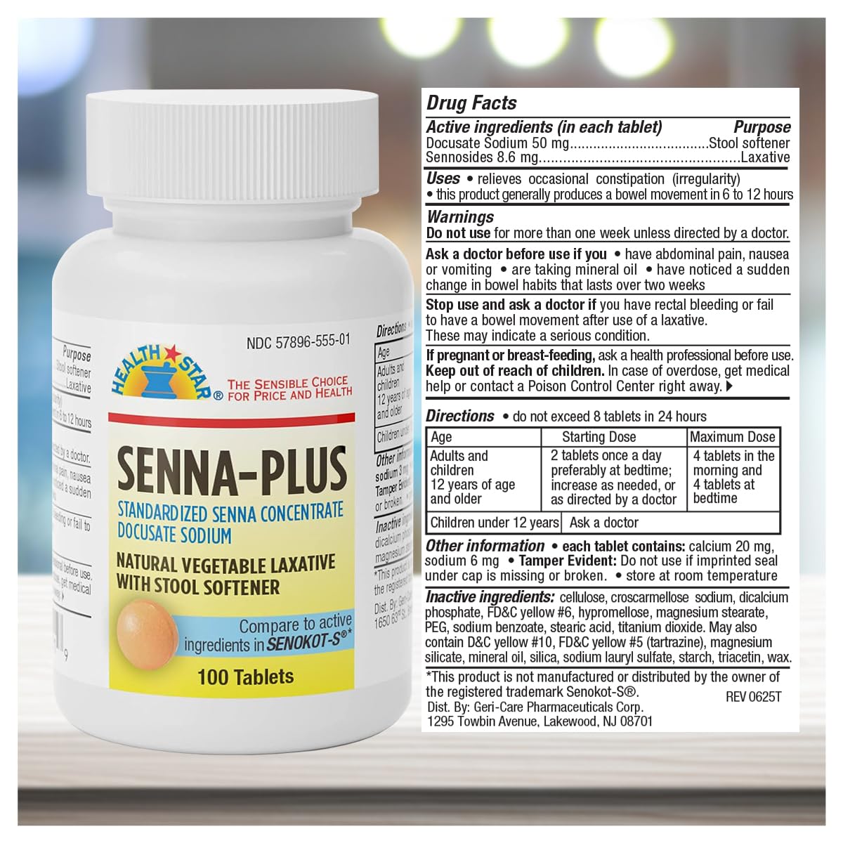GeriCare Senna Plus etiqueta del producto describe ingredientes naturales y uso recomendado.