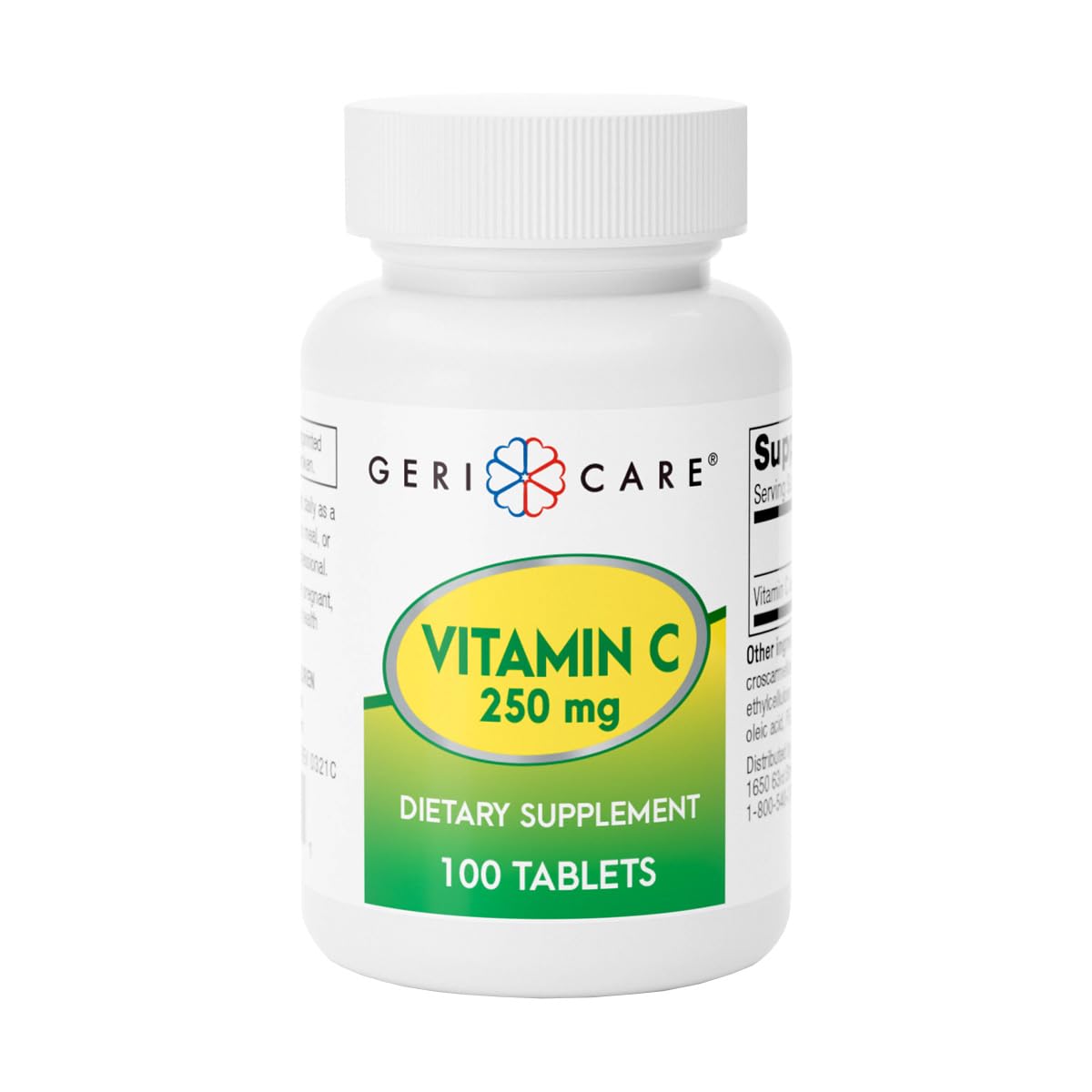 GeriCare Vitamina C 250 mg: botella lista para reforzar el sistema inmunológico diariamente.