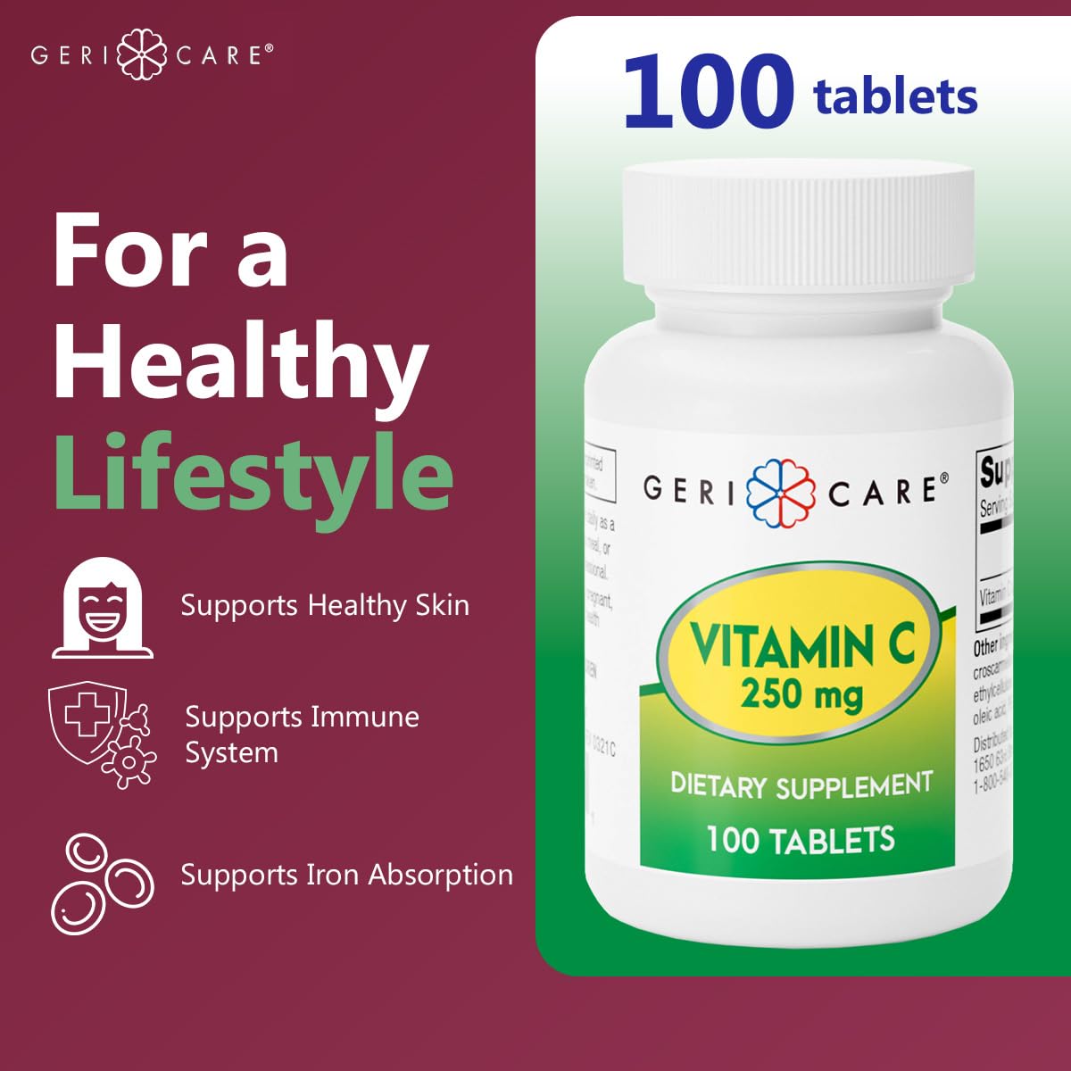 GeriCare Vitamina C 250 mg: cápsulas para absorción y energía sostenida.