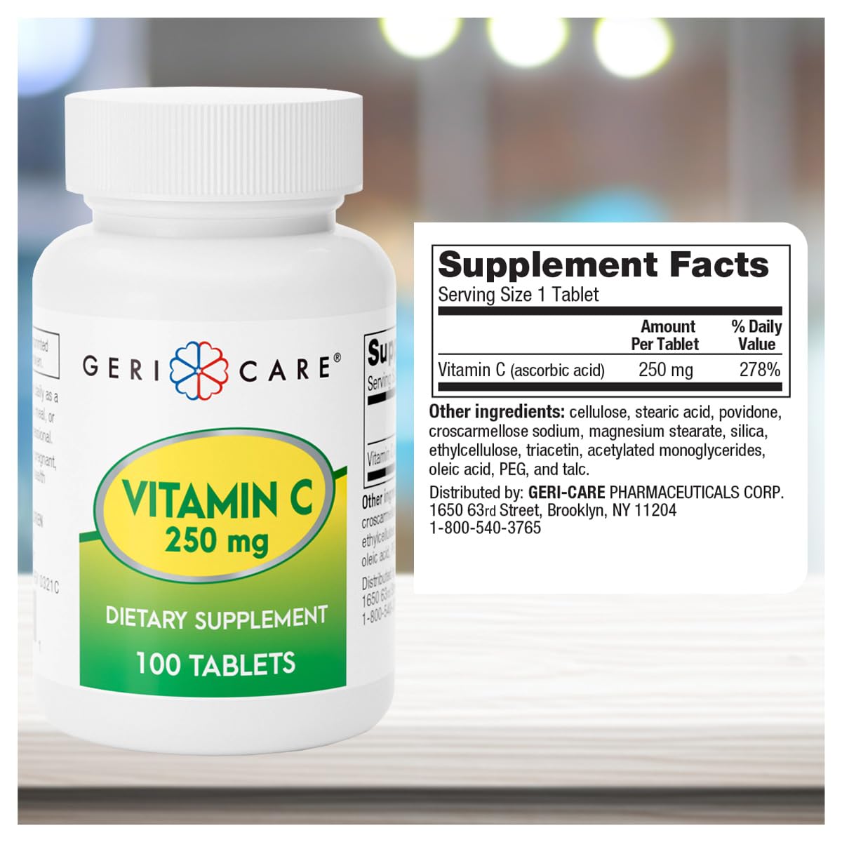GeriCare Vitamina C 250 mg: empaque compacto para uso diario.