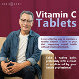 GeriCare Vitamina C 250 mg: etiqueta clara para conocer beneficios y dosis recomendadas.