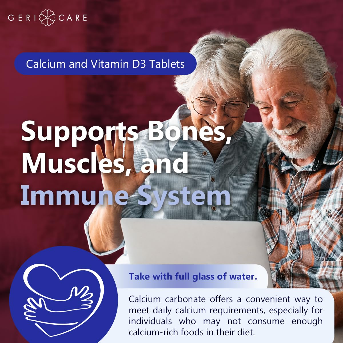 GeriCare Vitamina D3 5mcg, detalle de la tableta y absorción de nutrientes.