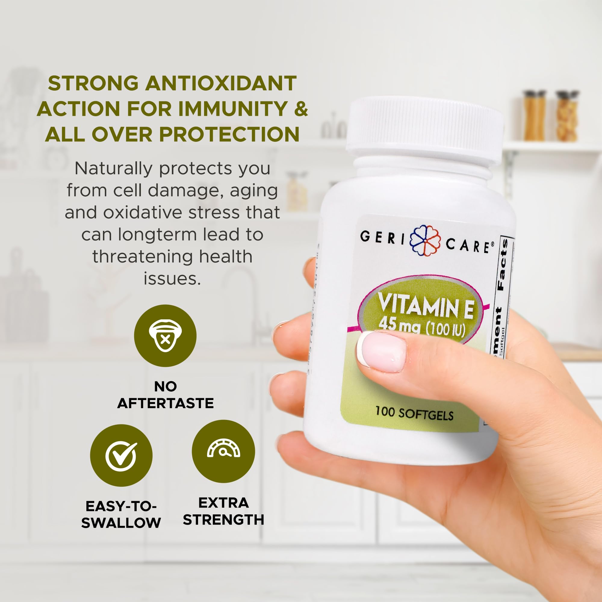 GeriCare Vitamina E: caja de 100 cápsulas para uso diario y conveniencia
