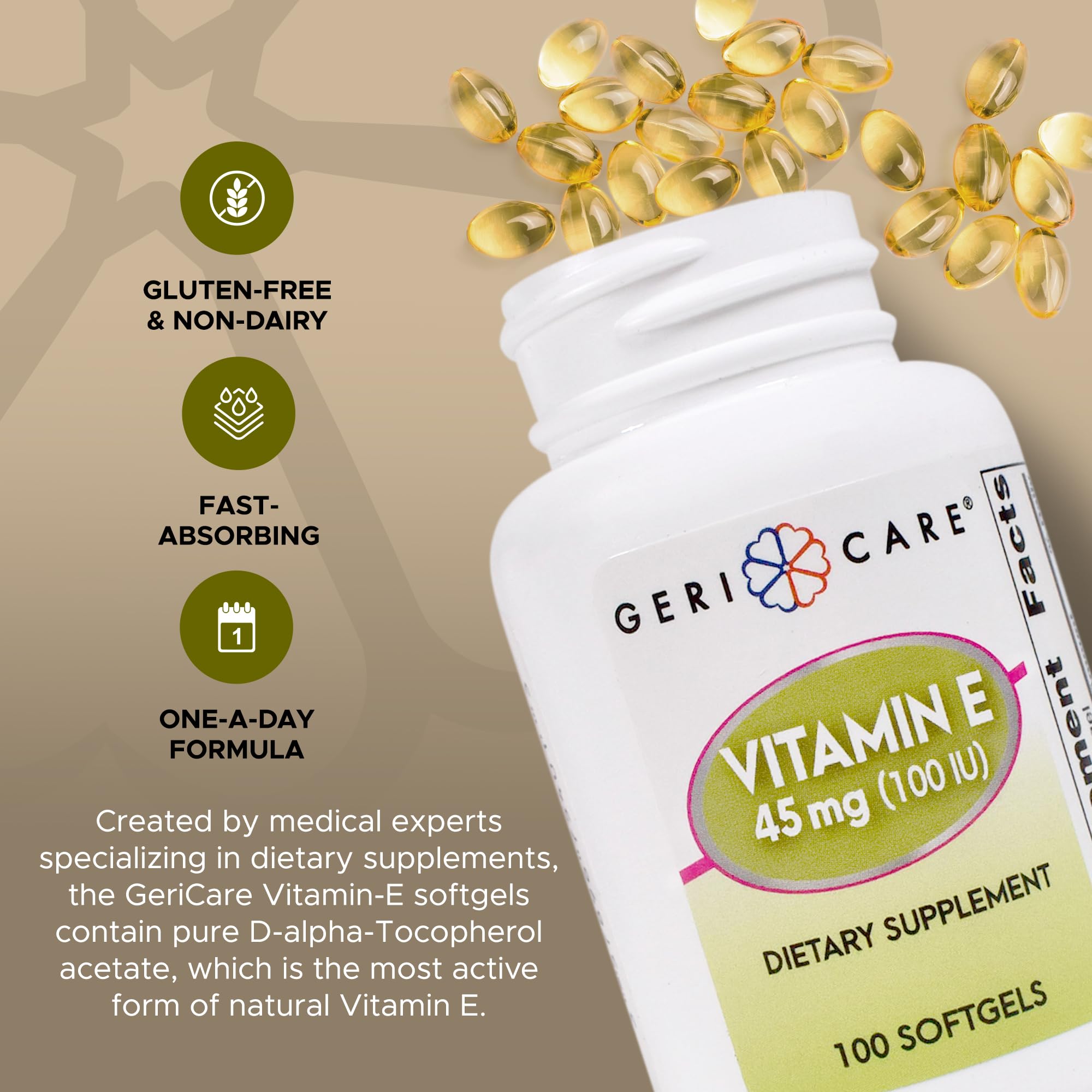 GeriCare Vitamina E: cápsulas de 100 UI en blíster, fácil de tragar