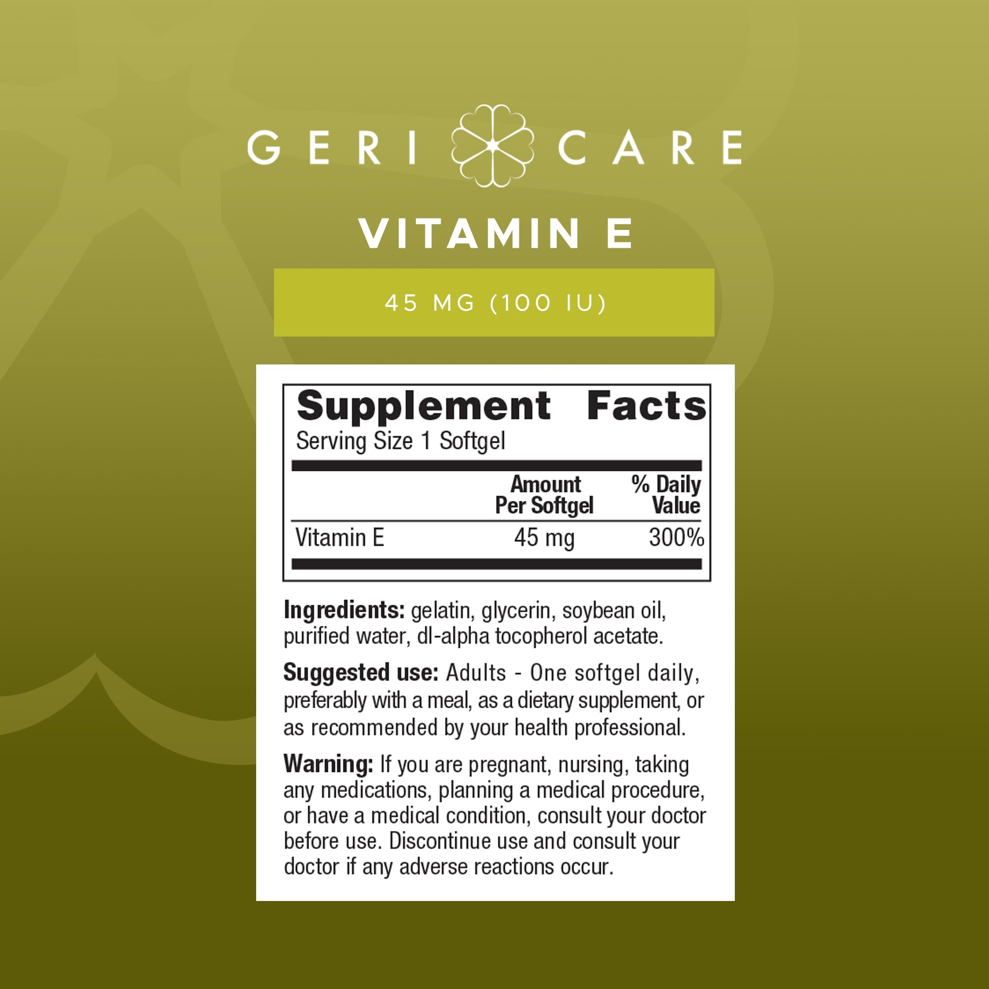 GeriCare Vitamina E: presentación de 100 cápsulas lista para consumo diario