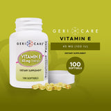 GeriCare Vitamina E: etiqueta visible mostrando 100 UI para uso diario