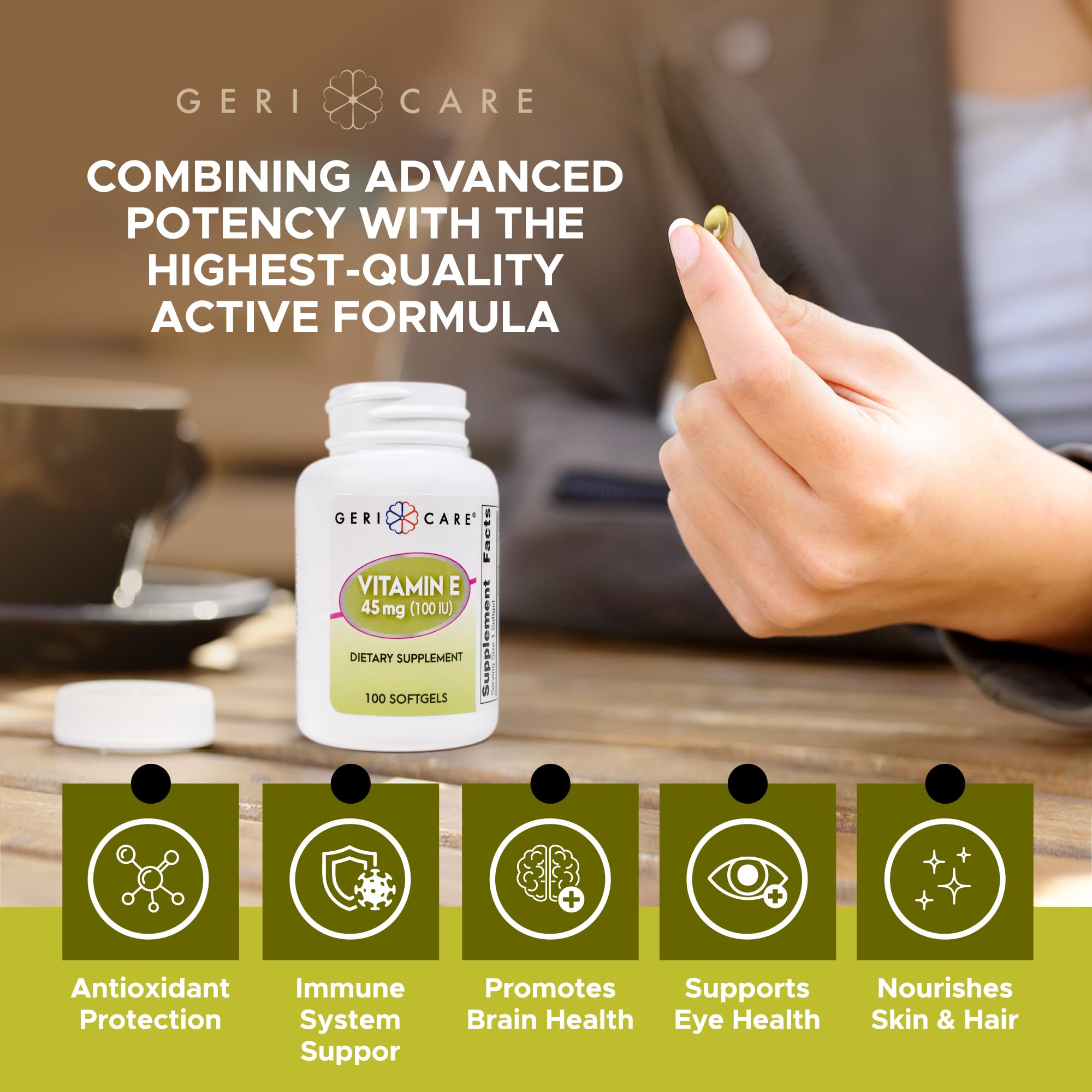 GeriCare Vitamina E: cápsulas libres de gluten y lactosa