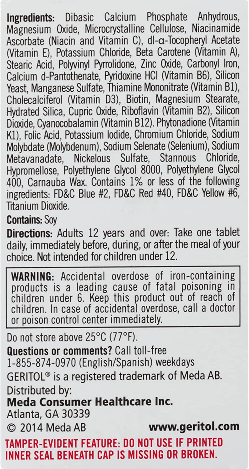 Geritol Complete: etiqueta indica ausencia de edulcorantes artificiales.