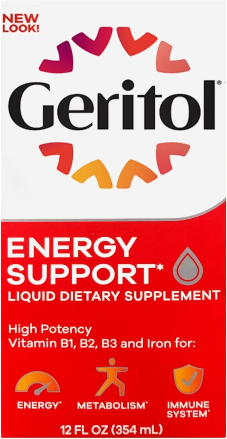 Geritol líquido: botella con etiqueta de vitaminas B y hierro para energía diaria.