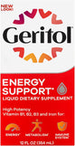 Geritol líquido: botella con etiqueta de vitaminas B y hierro para energía diaria.