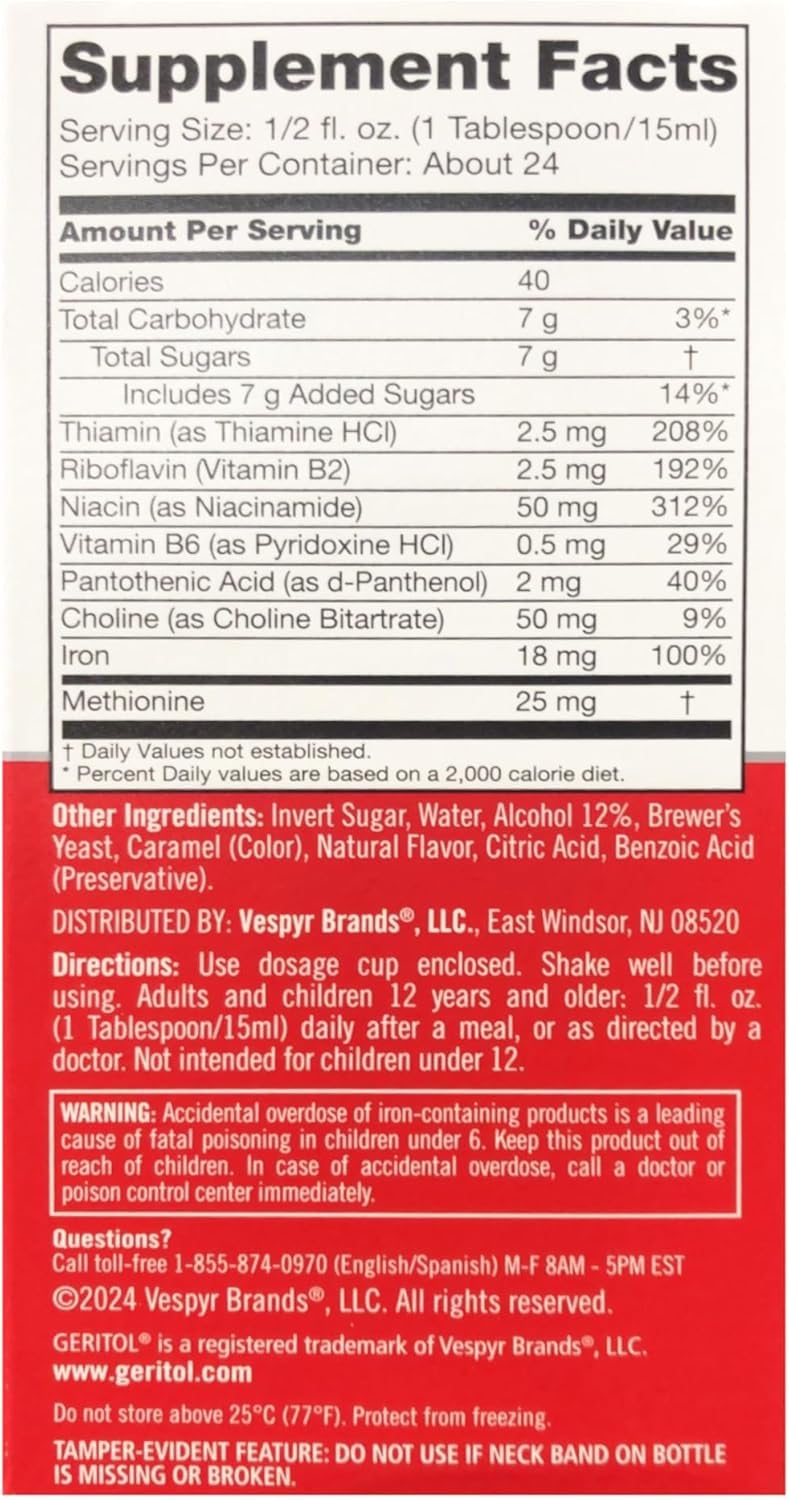 Geritol líquido elaborado en Estados Unidos para energía diaria.