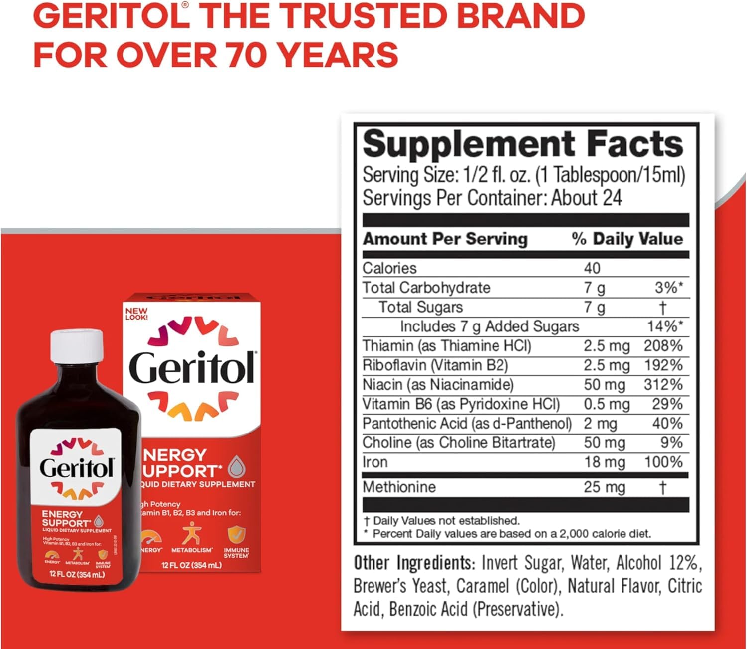 Geritol: juego de cuatro botellas para energía sostenida.