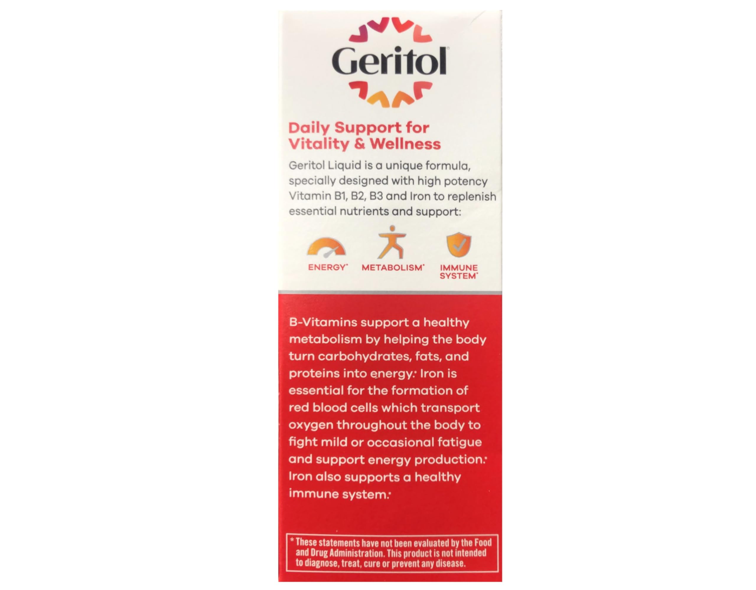 Geritol líquido, etiqueta que indica hecho en EE.UU. como respaldo confiable.