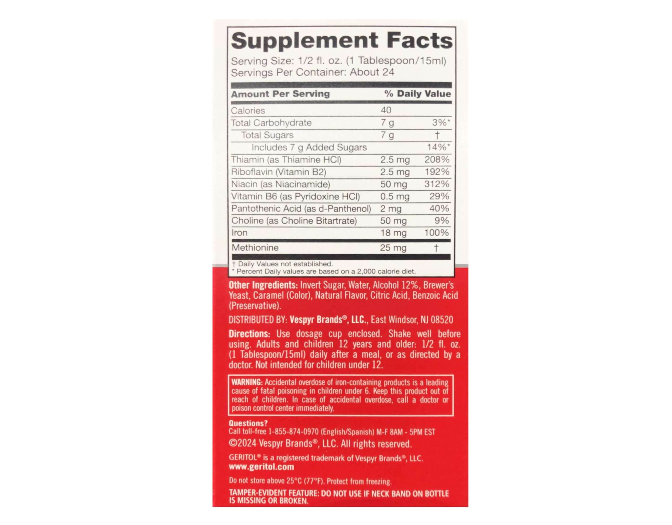 Geritol líquido, ingredientes B vitamínicas para apoyar el metabolismo diario.