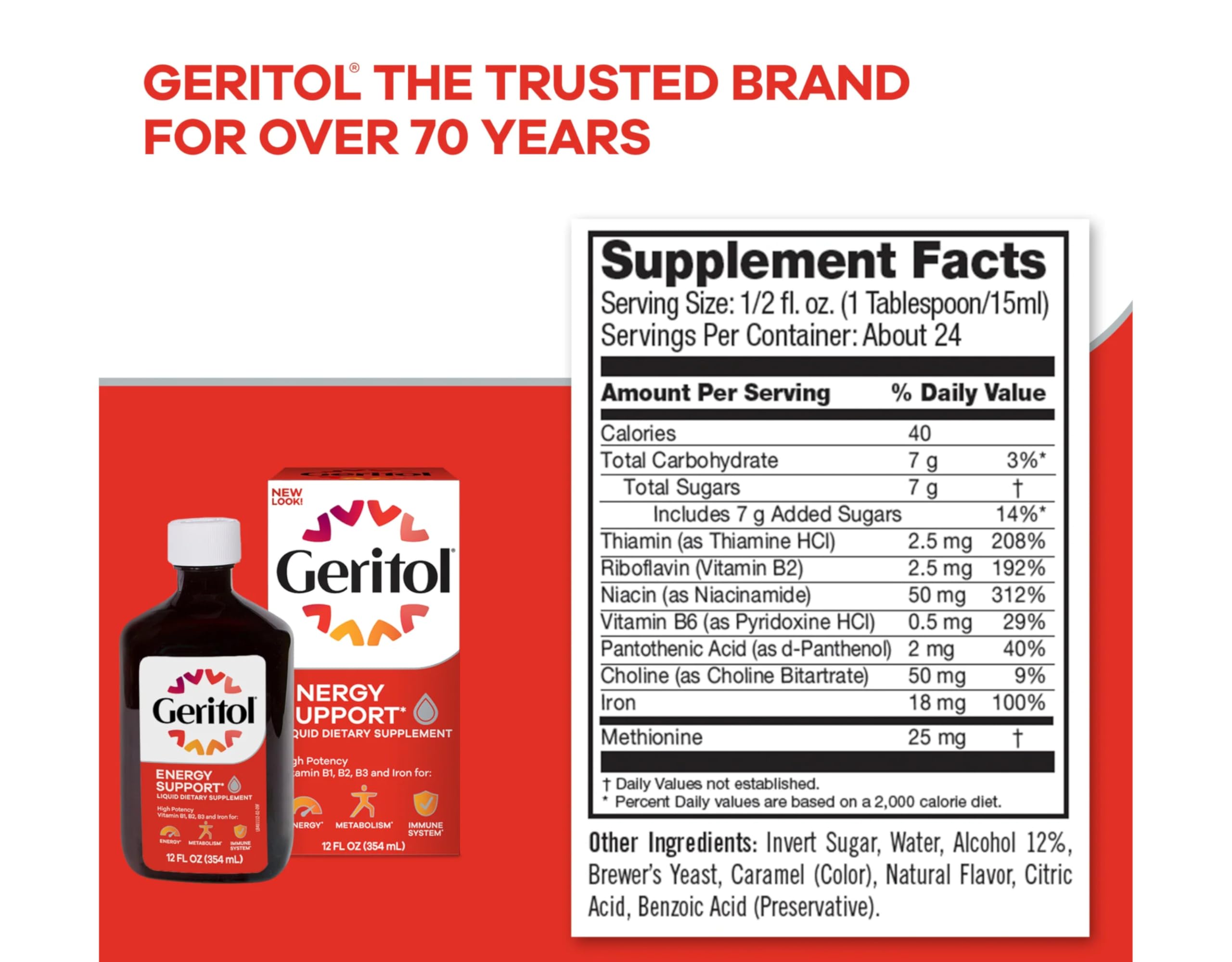 Geritol líquido, sabor agradable, experiencia de consumo suave.