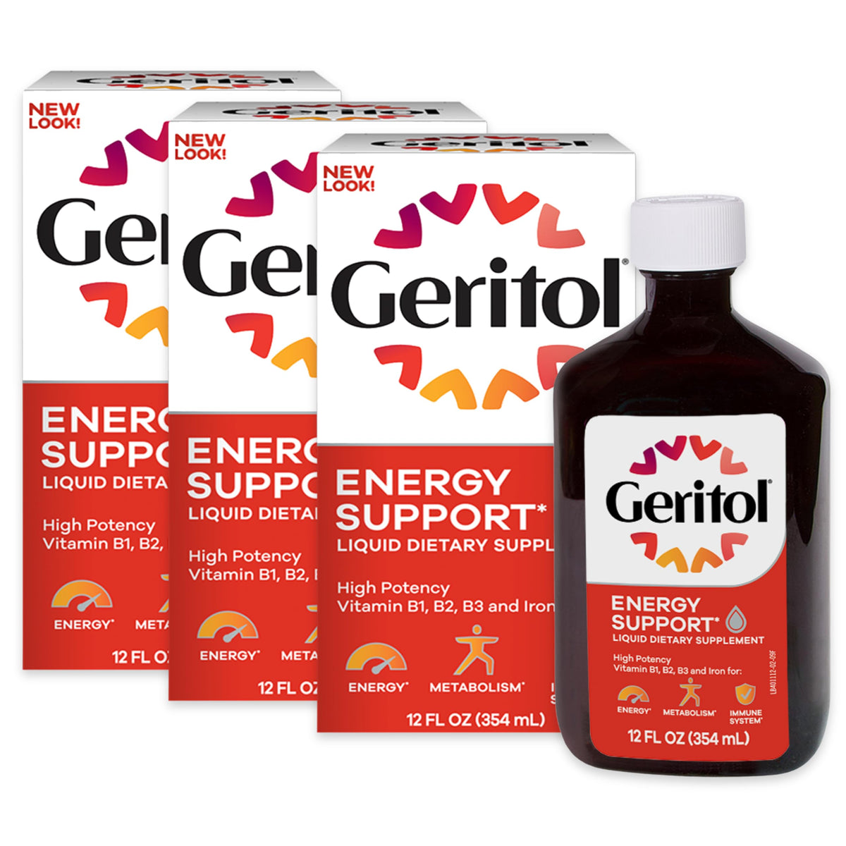 Geritol líquido, botella y cuchara, impulso de energía diario
