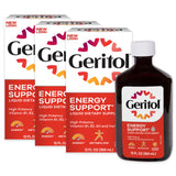 Geritol líquido, botella y cuchara, impulso de energía diario