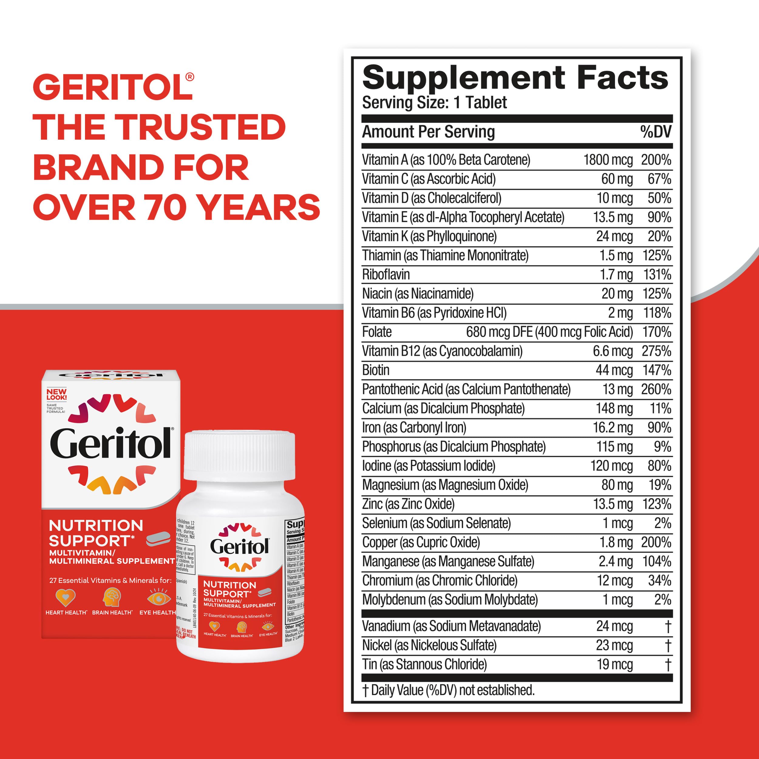 Geritol libre de gluten y no transgénico para dietas sensibles.