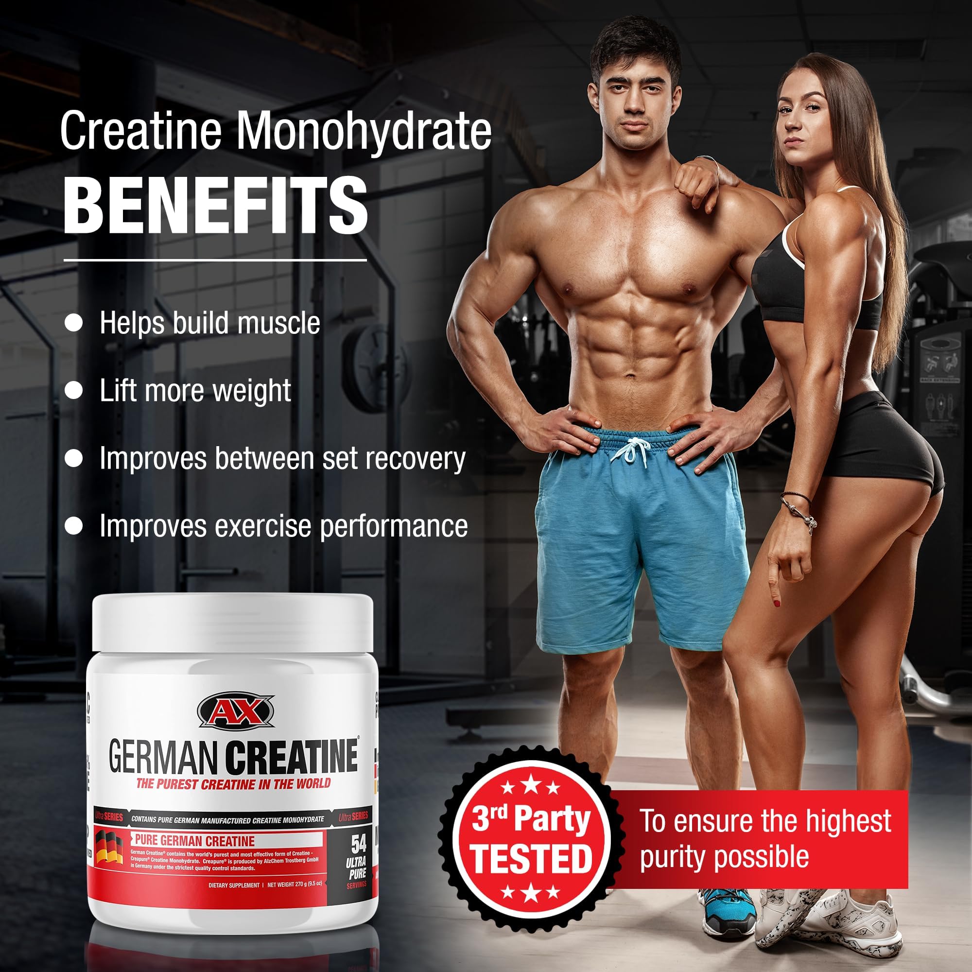 German Creatine, cuchara medidora incluida, facilita dosis consistentes