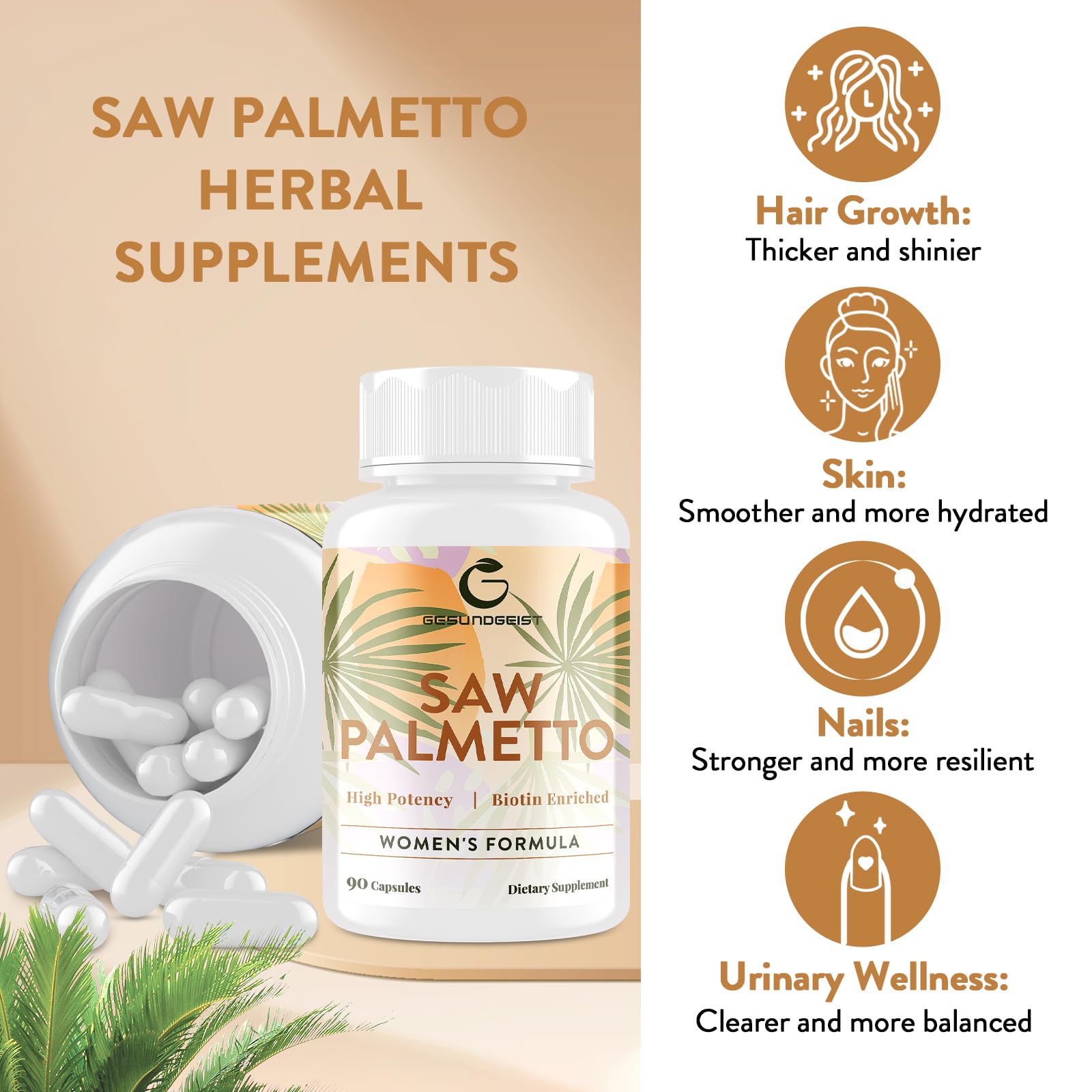 Gesundgeist Saw Palmetto suplemento de 180 cápsulas para uso diario.