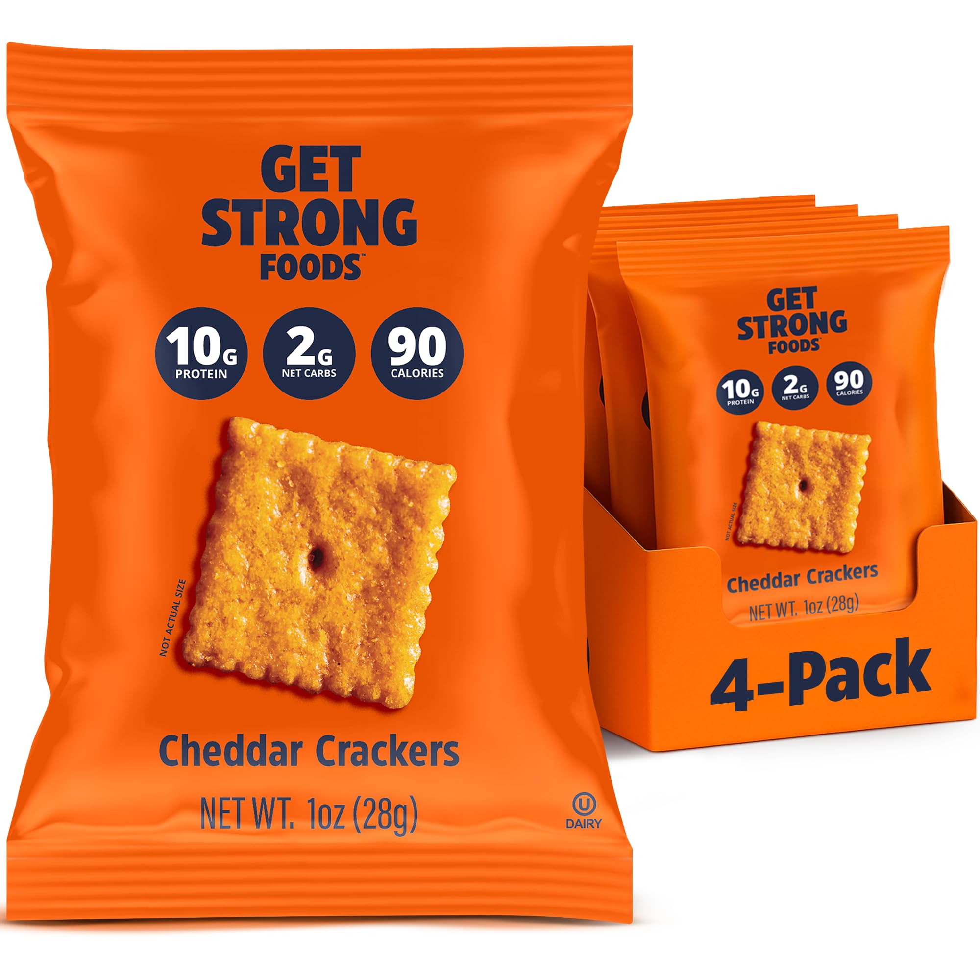 Get Strong Foods cheddar crackers en empaque, snack práctico para el día