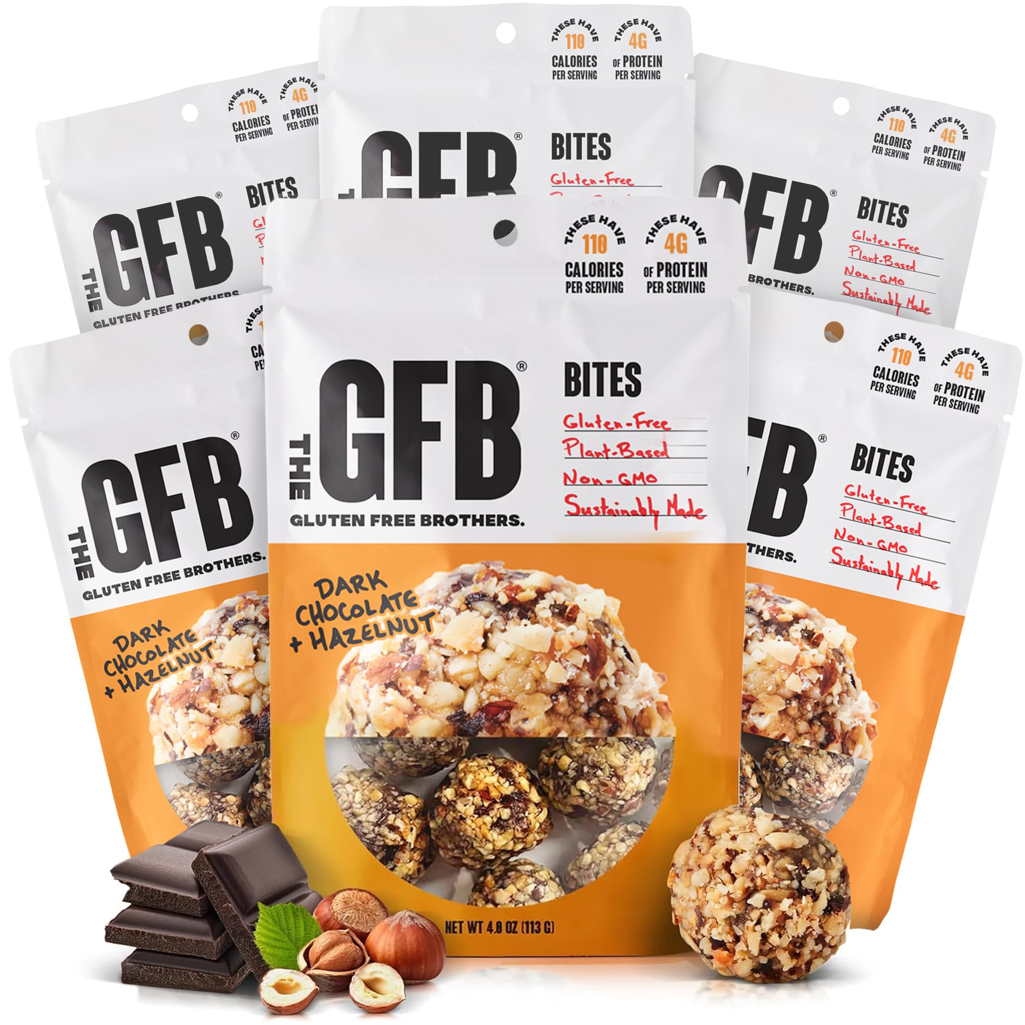 Bocado proteico de The GFB con avellana y chocolate amargo, snack crujiente.
