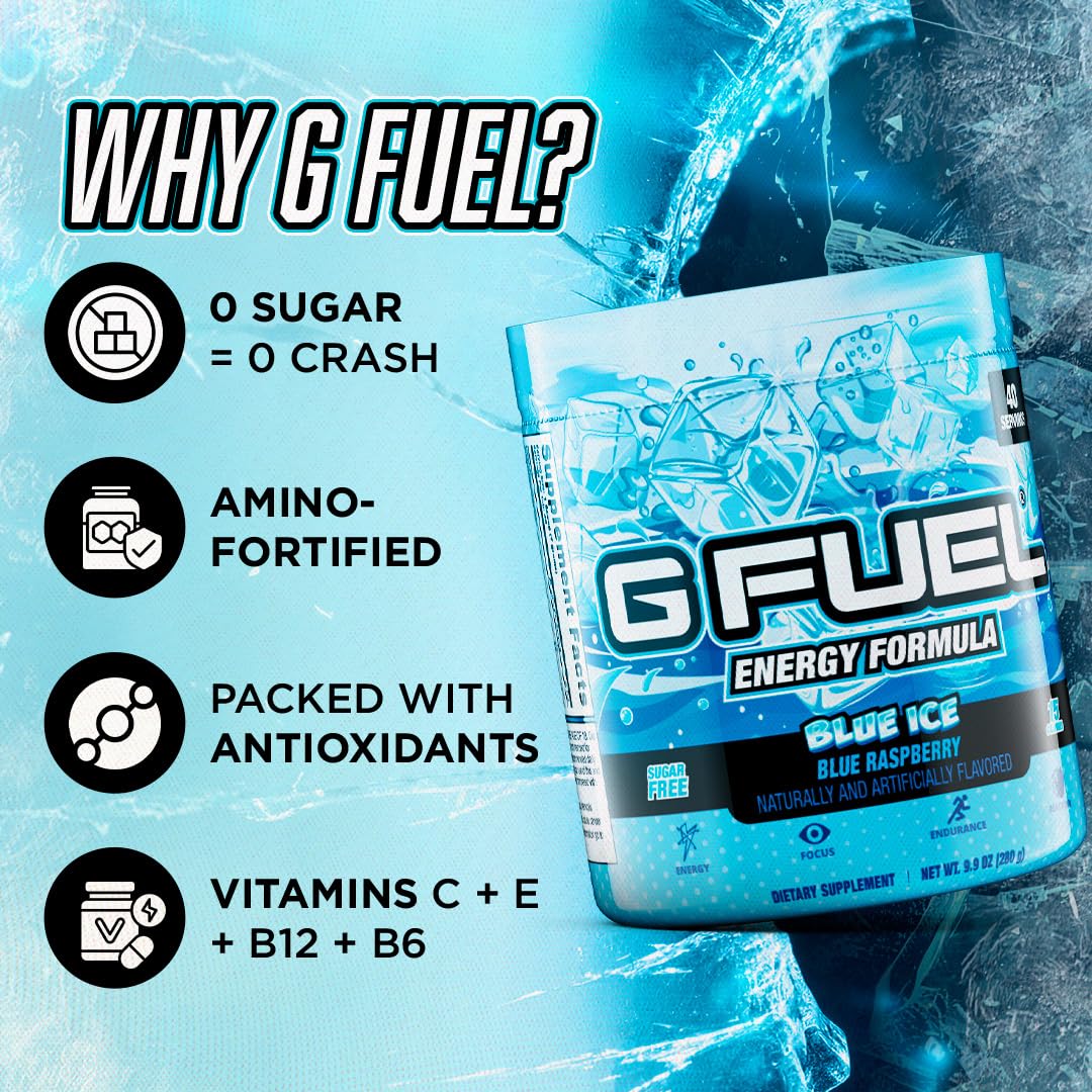 G Fuel Blue Ice sin azúcar con 15 calorías por porción.