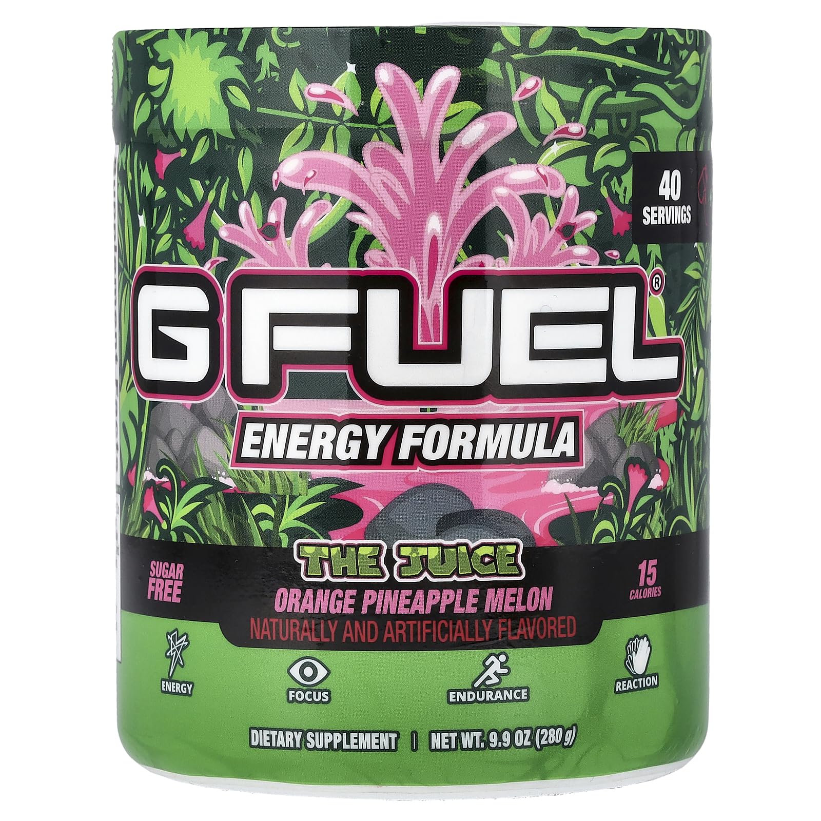 G Fuel The Juice Energy 2.0, piña y melón, enfoque y energía para sesiones de juego.