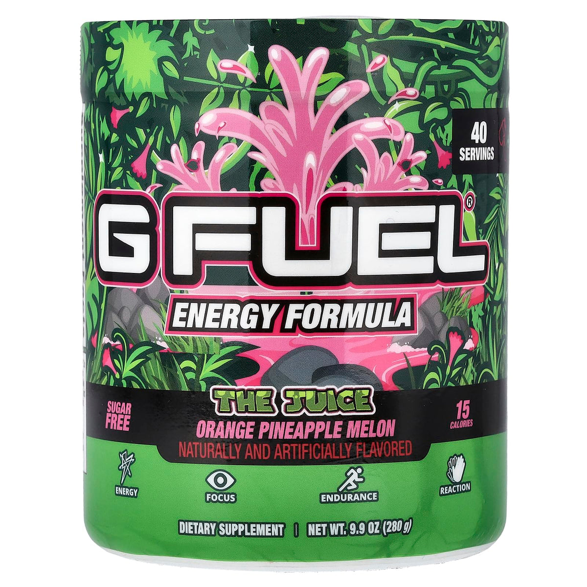 G Fuel The Juice Energy 2.0, piña y melón, enfoque y energía para sesiones de juego.