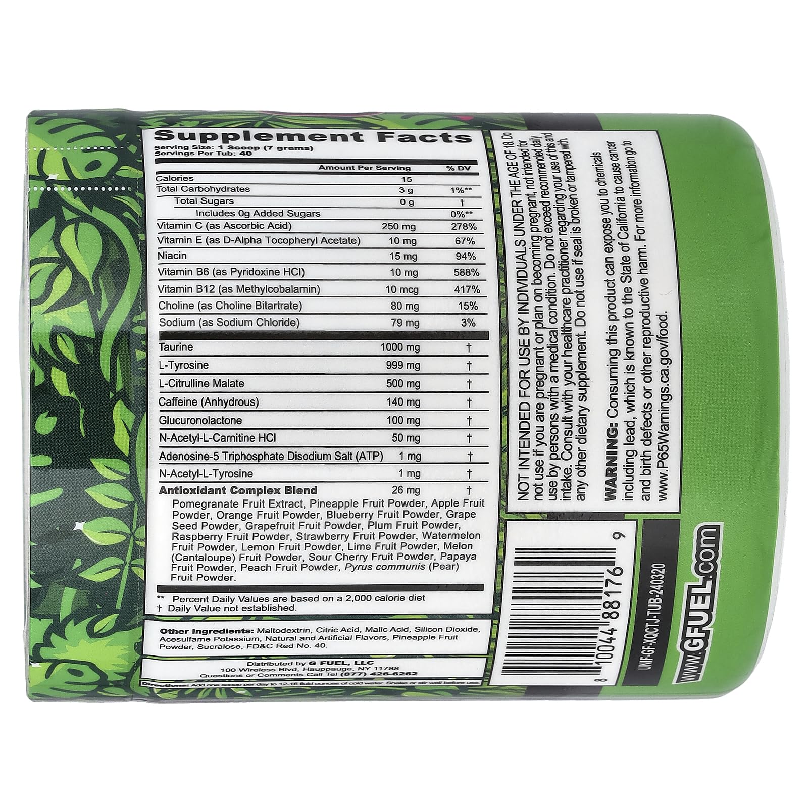 Vaso con G Fuel The Juice Energy 2.0, sabor piña-melón, sin azúcar, listo para entrenamientos.