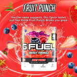 G Fuel sabor Fruta, bebida en vaso, experiencia frutal con energía clara.