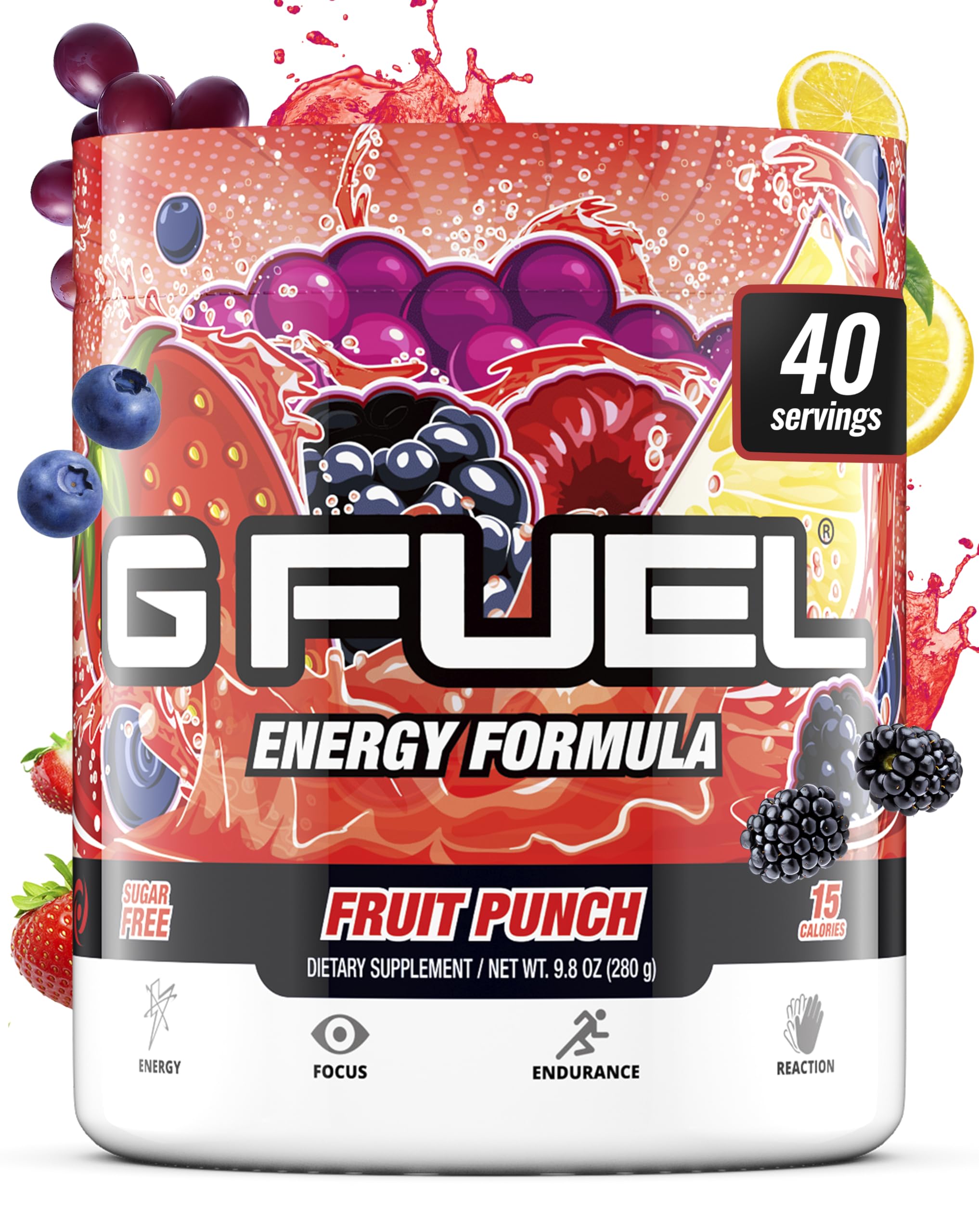 G Fuel sabor Fruta, botella derramando, energía limpia para sesiones largas de juego.