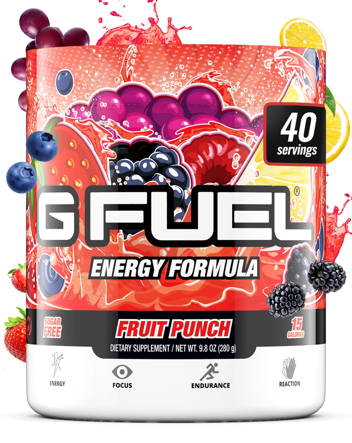 G Fuel sabor Fruta, botella derramando, energía limpia para sesiones largas de juego.