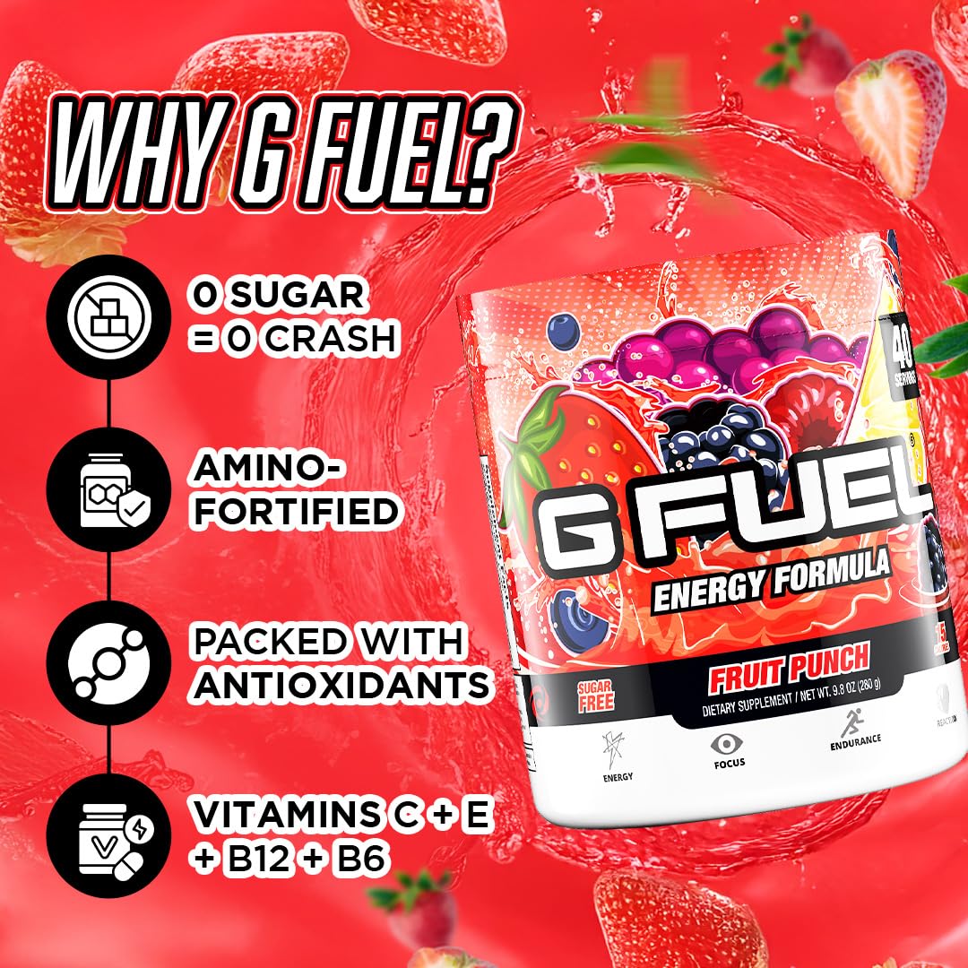 G Fuel sabor Fruta, concentración para gaming en momentos críticos.