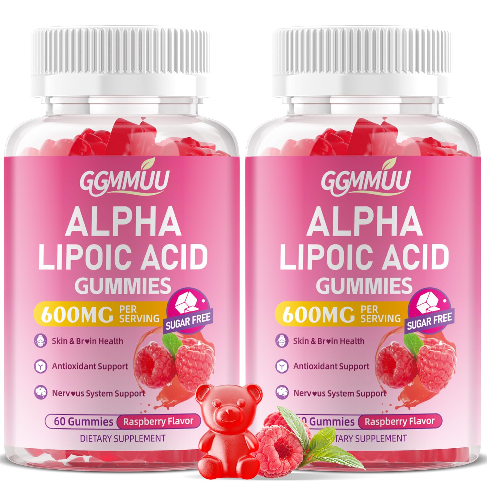 GGMMUU ácido alfa lipoico gomitas frambuesa, porción de 600 mg para apoyo diario.