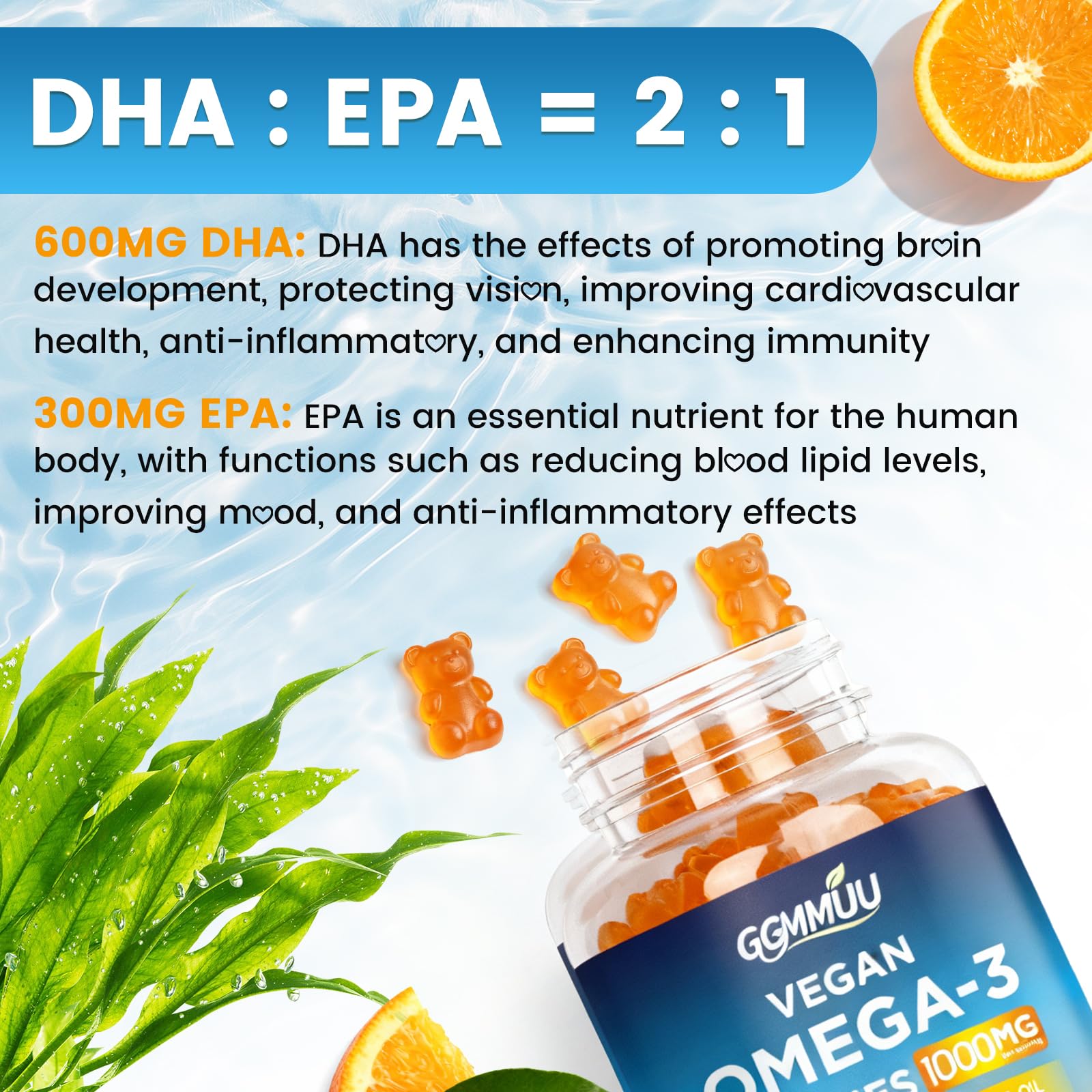 Gomitas GGMMUU Omega3 sabor naranja, sabor agradable y refrescante.