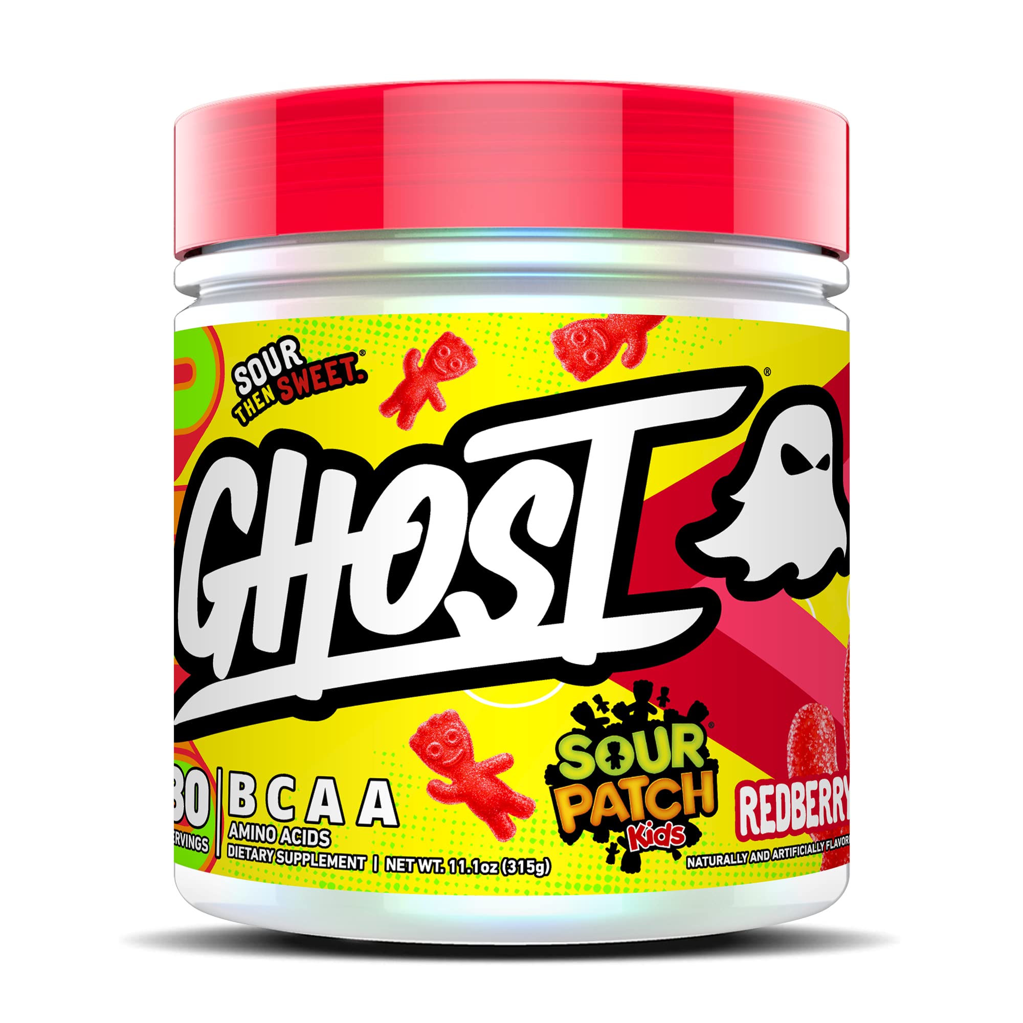 Ghost BCAA Powder sabor Redberry, envase de 30 porciones para entrenamiento.