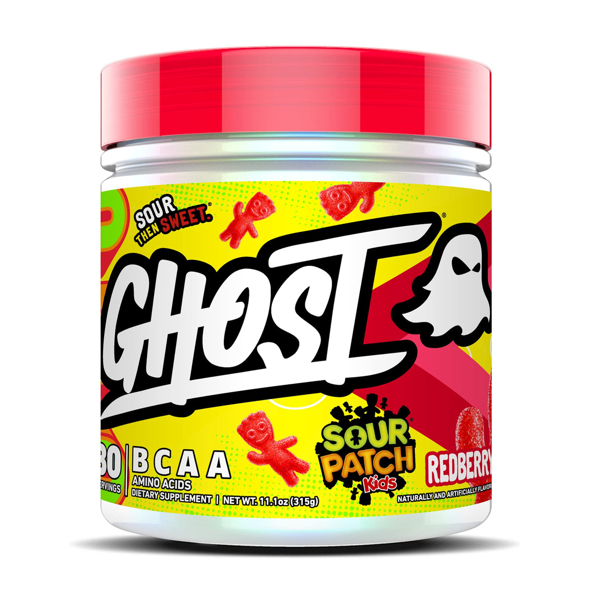 Ghost BCAA Powder sabor Redberry, envase de 30 porciones para entrenamiento.