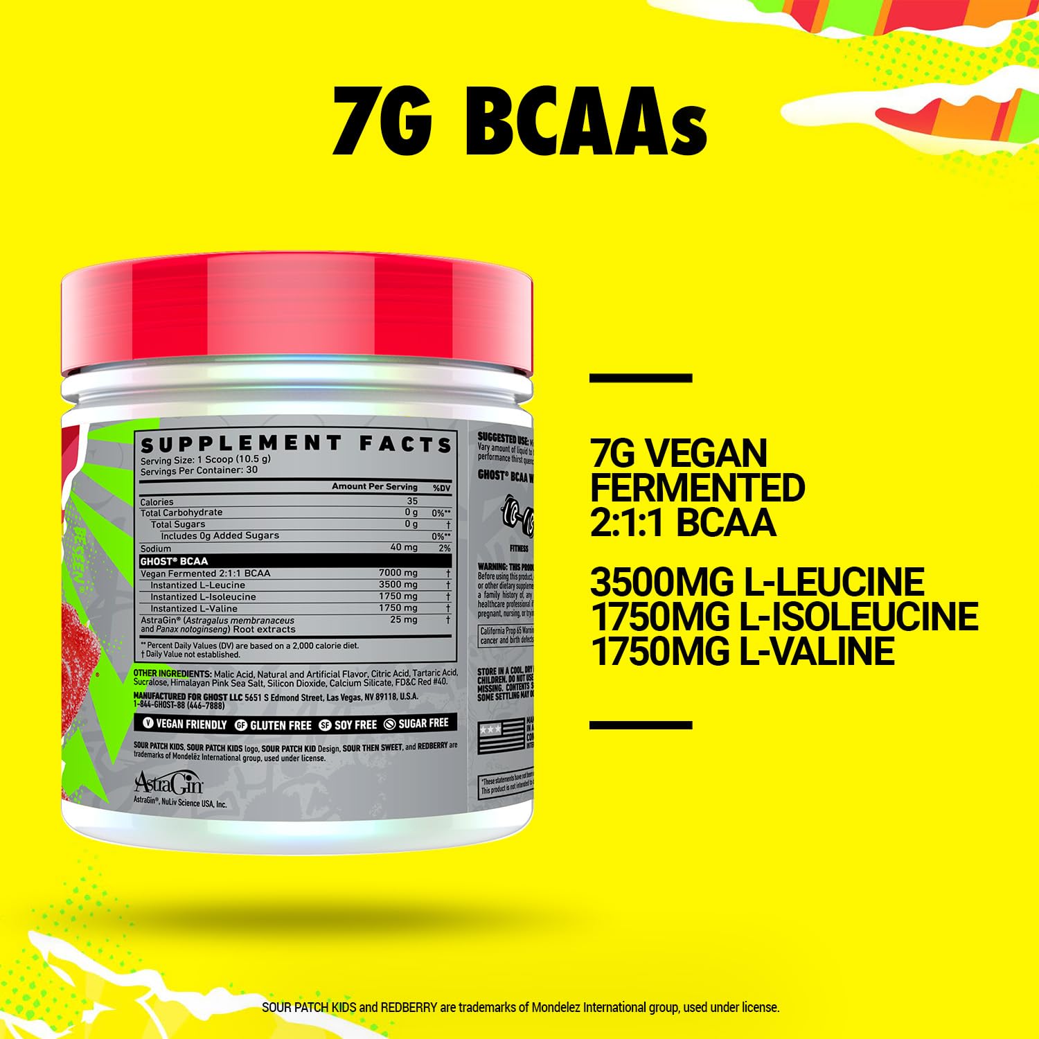 Ghost BCAA Powder con Astragin, etiqueta transparente y sabor Redberry para absorción.
