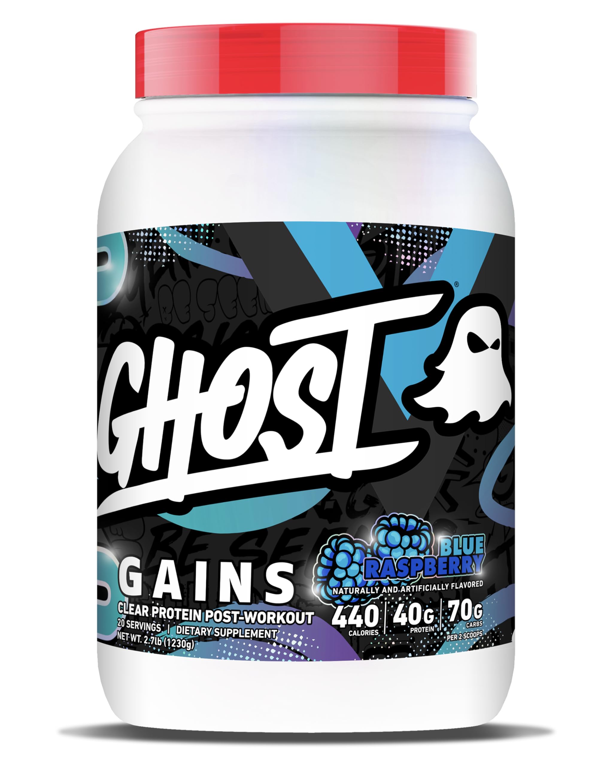 Botella Ghost Clear Gains con sabor frambuesa azul lista para recuperación posentrenamiento